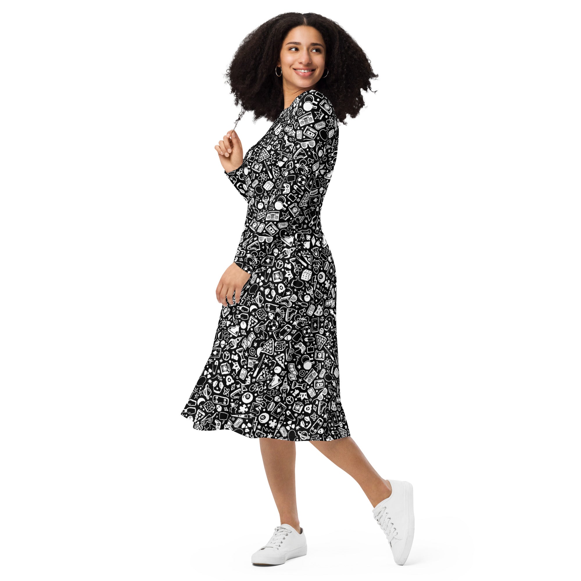 Nerdy Nerdy Doodles Black Long Sleeve Midi Dress