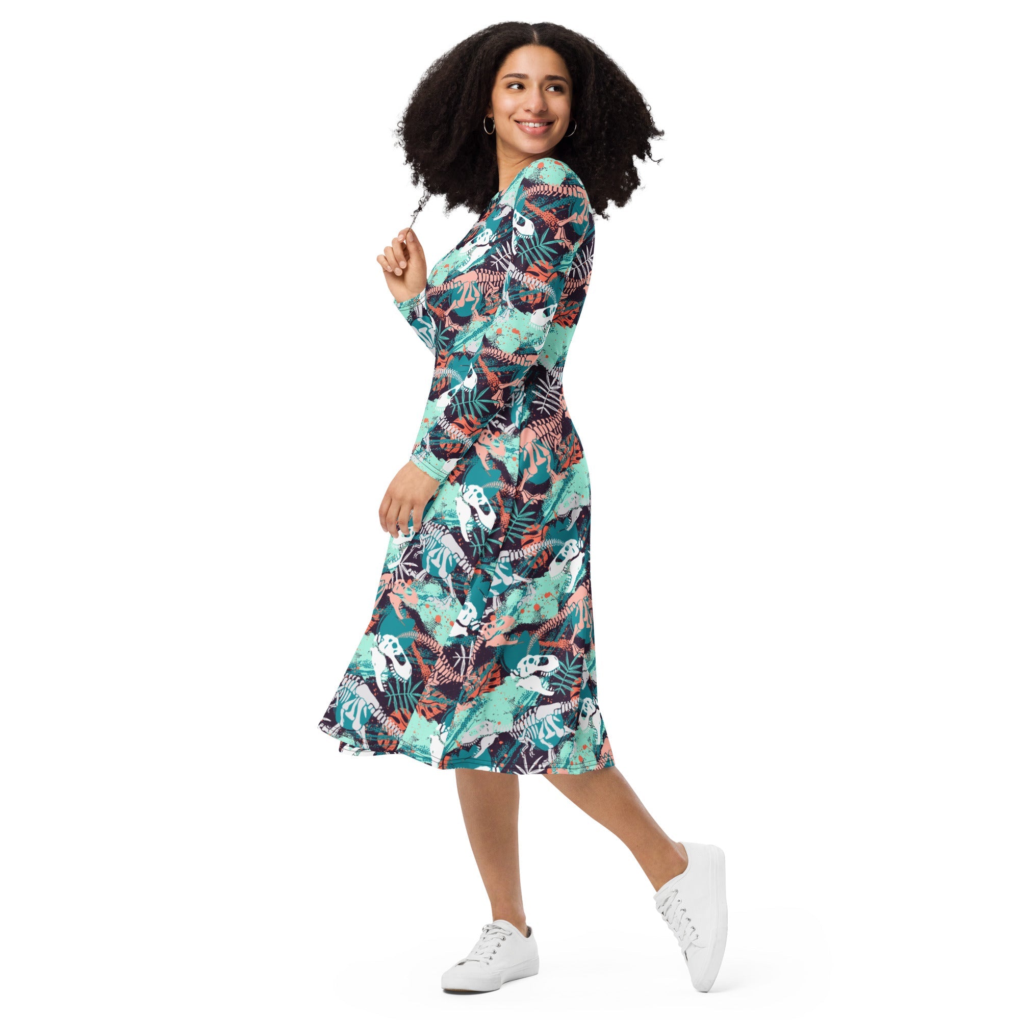 Nerdy T - Rex Bones Footprints Green Long Sleeve Midi Dress