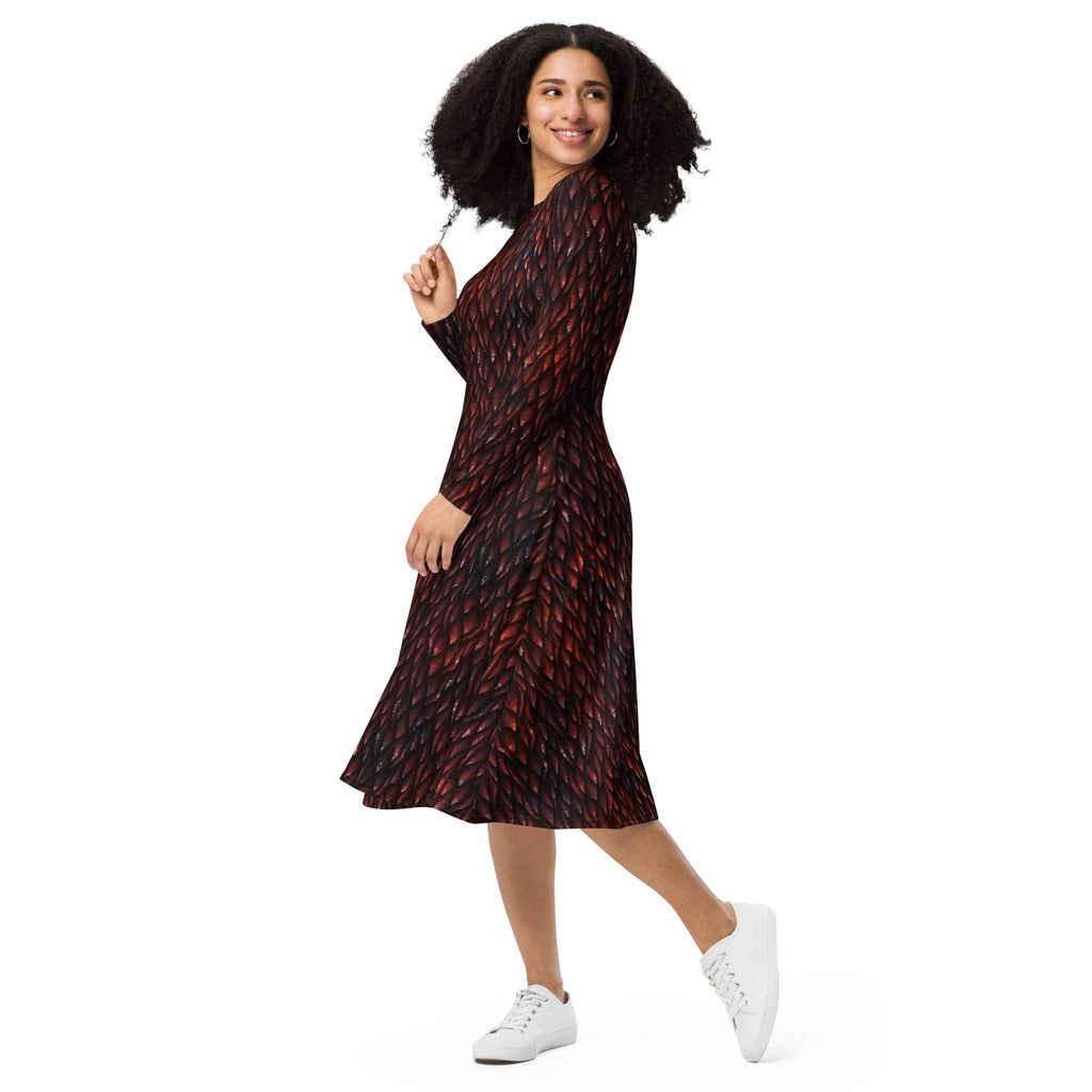 Nerdy Red Dragon Scales Dnd Long Sleeve Midi Dress