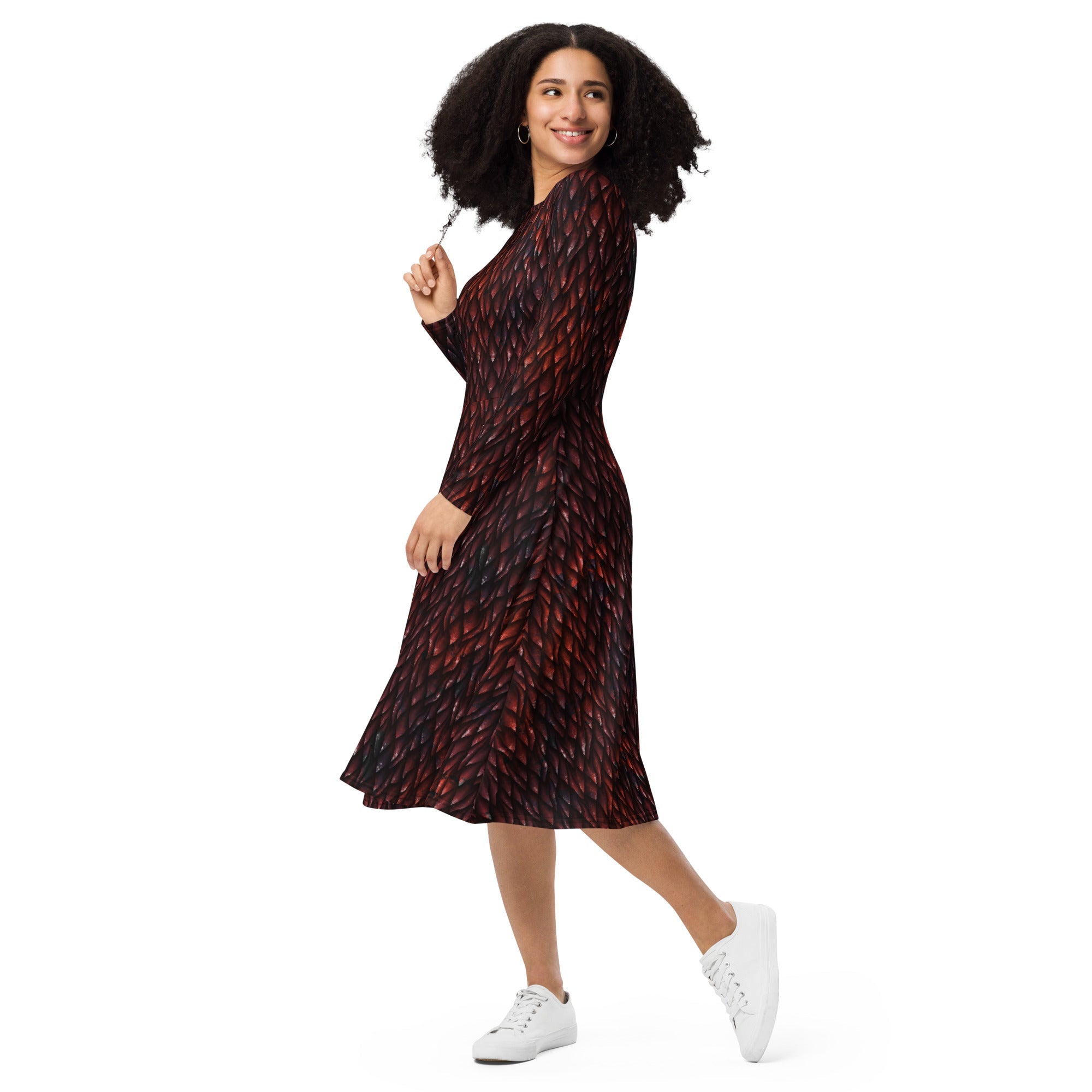 Nerdy Red Dragon Scales Dnd Long Sleeve Midi Dress