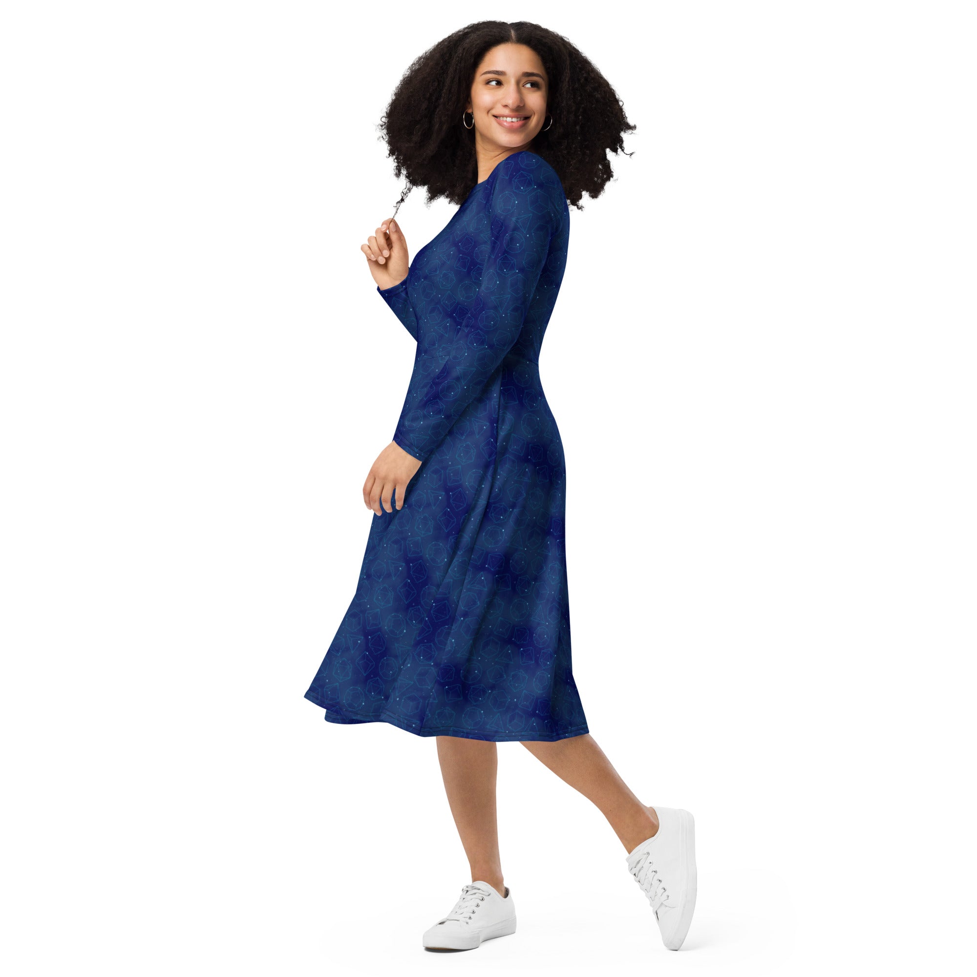 Nerdy Space RPG Dice Blue Dnd Long Sleeve Midi Dress