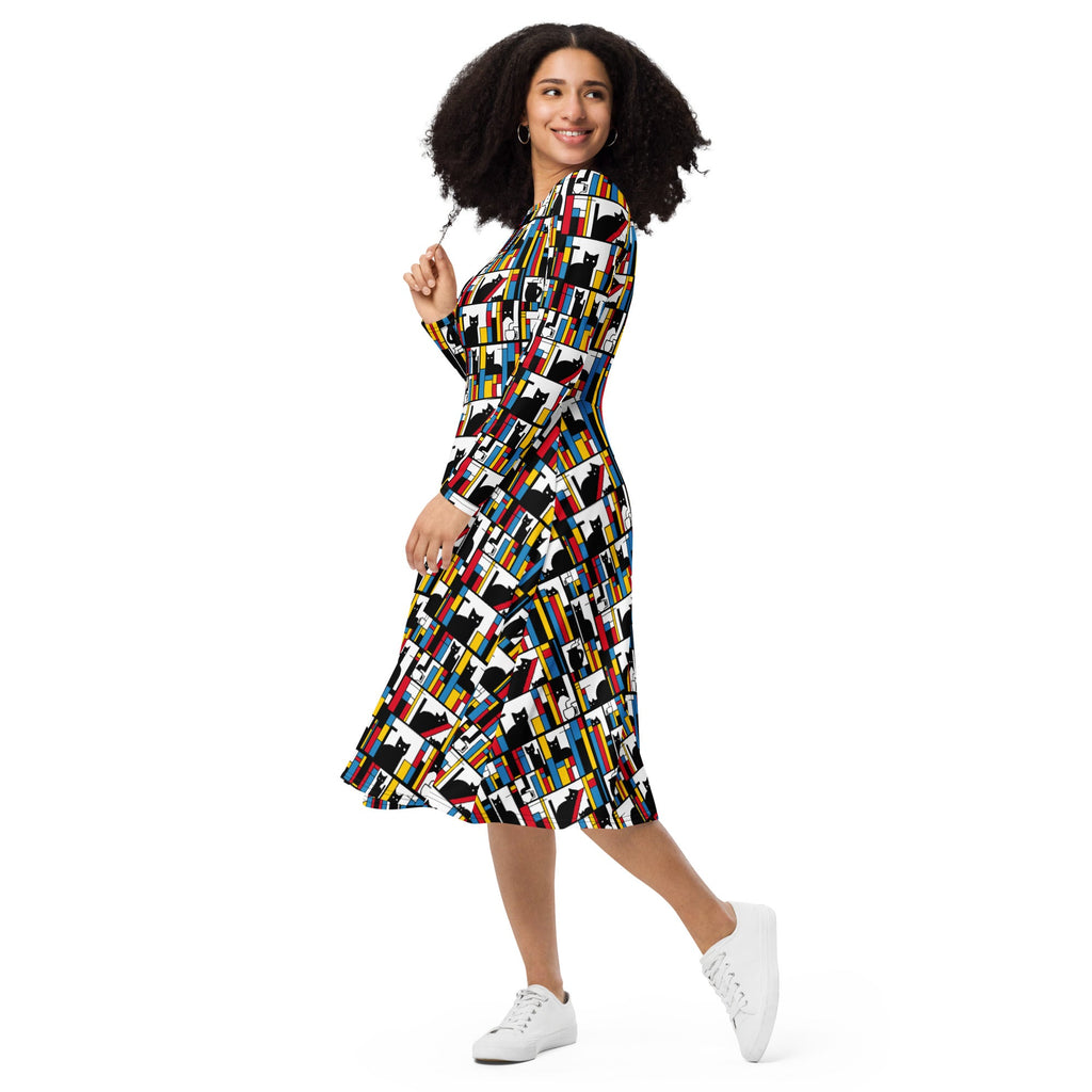 Nerdy Mondrian Cat Library Long Sleeve Midi Dress