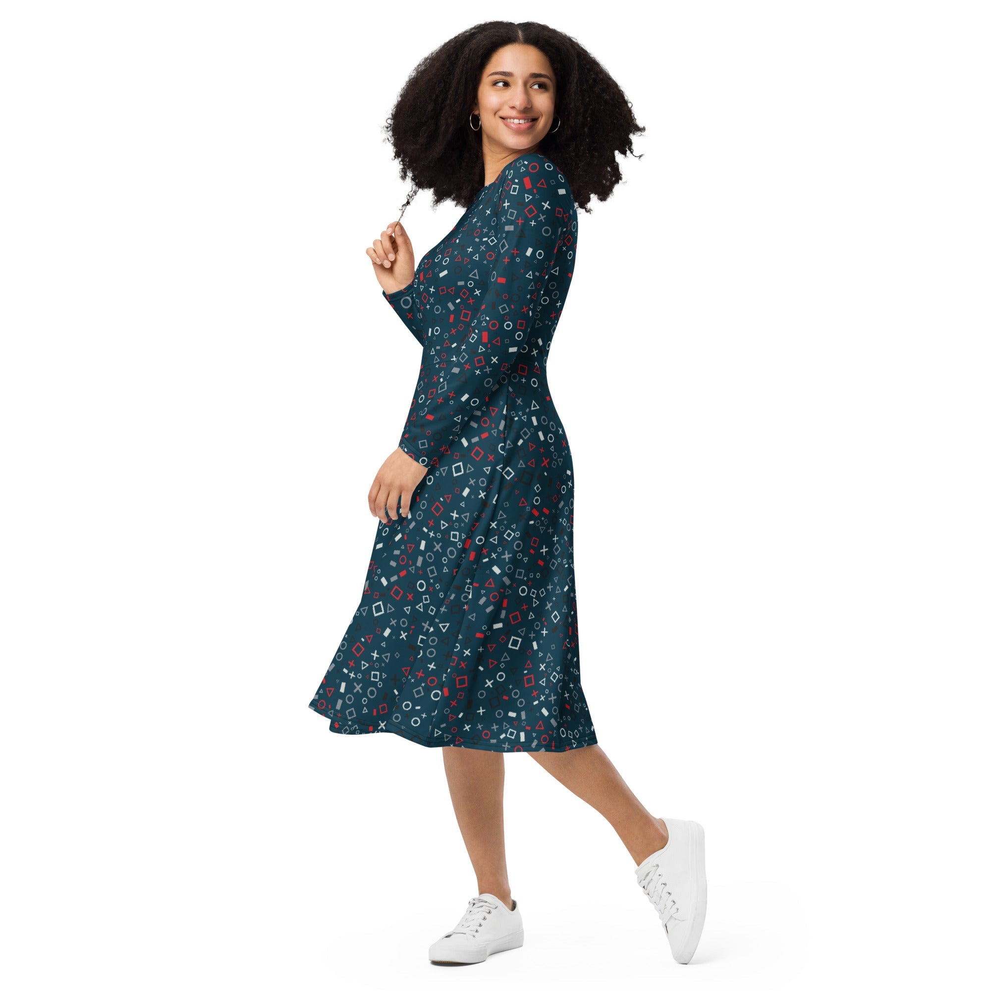 Nerdy Controller Gamepad Icons Teal Video Game Long Sleeve Midi Dress