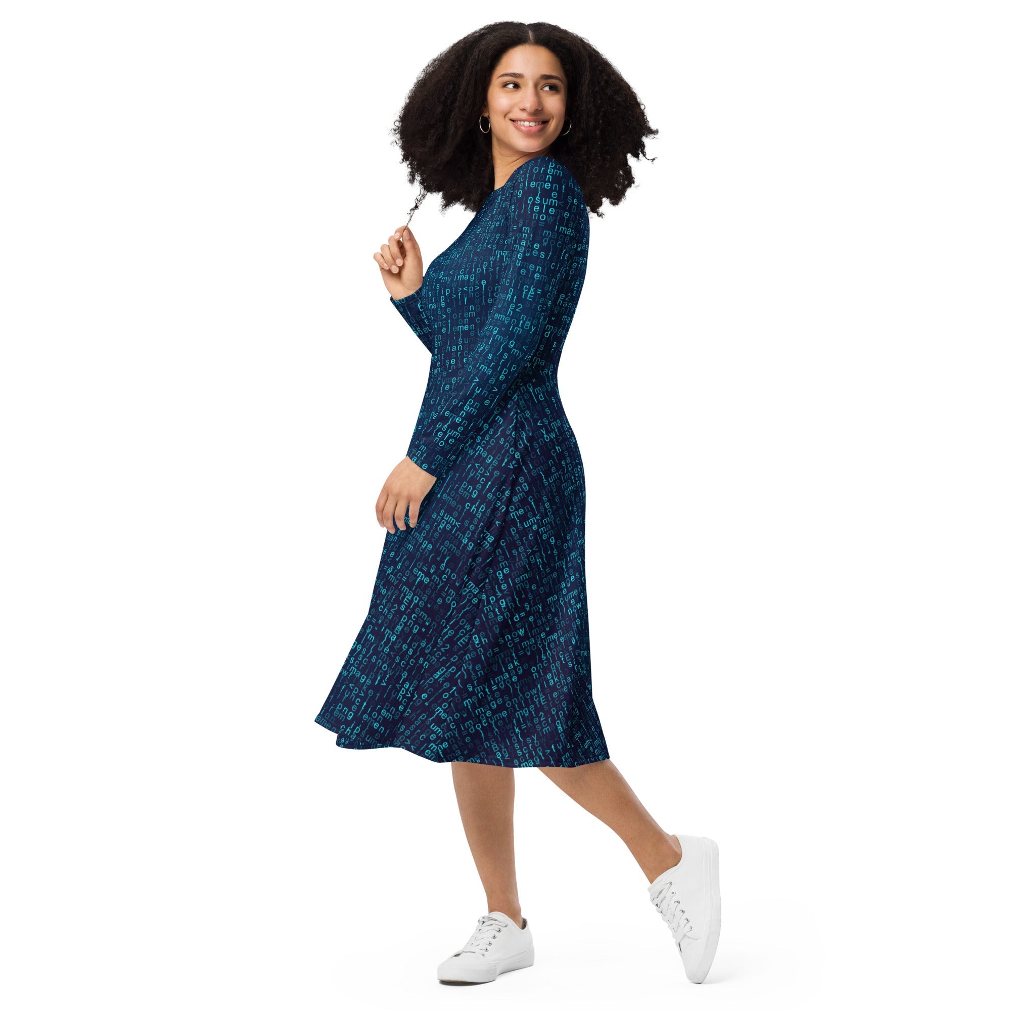 Nerdy Javascript Computer Code Blue Long Sleeve Midi Dress
