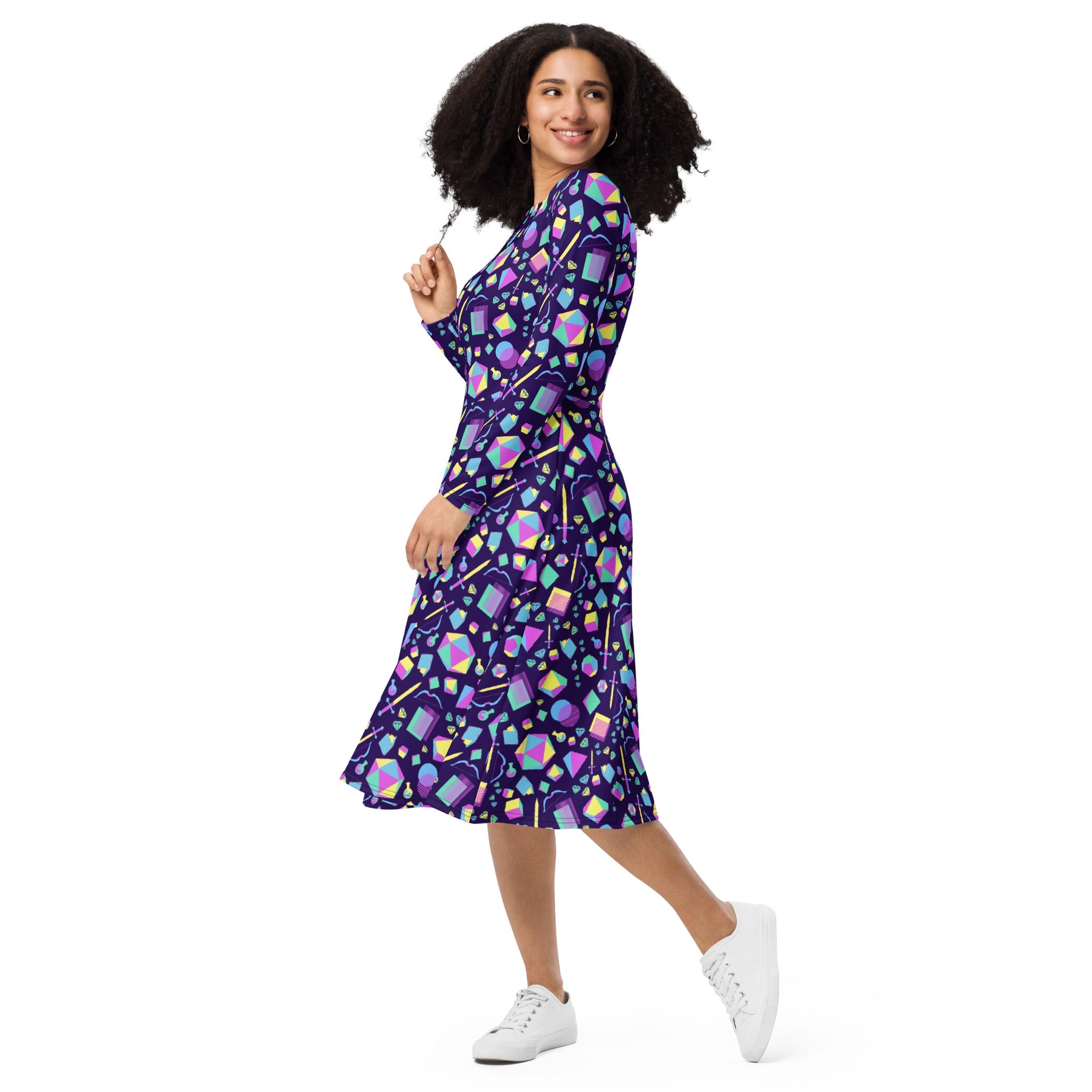 Nerdy Tabletop RPG Weapons Items Purple Blue Dnd Long Sleeve Midi Dress