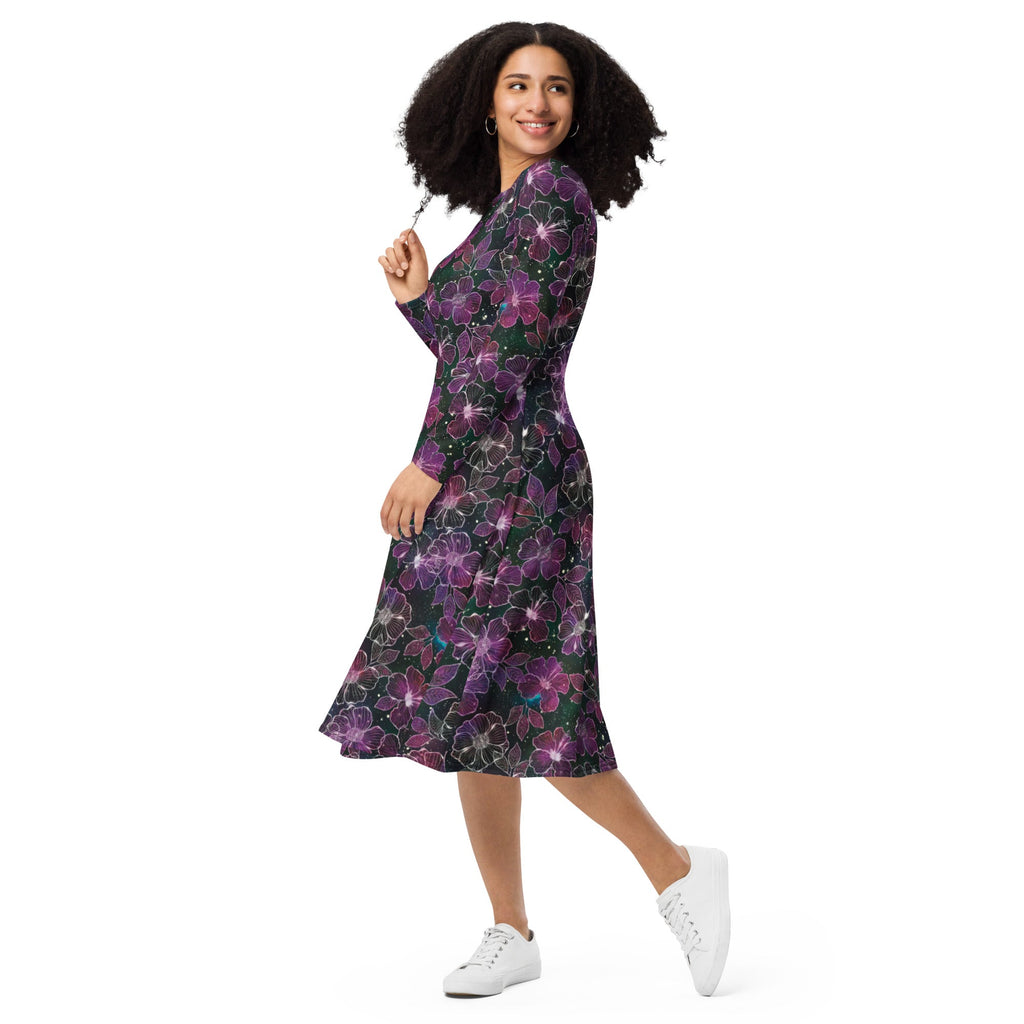Nerdy Hawaiian Blooms Space Long Sleeve Midi Dress