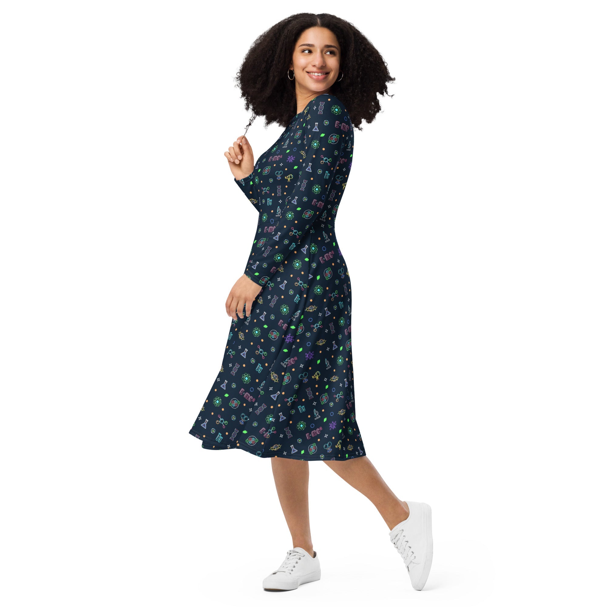 Nerdy Science DNA Molecules Dark Navy Long Sleeve Midi Dress
