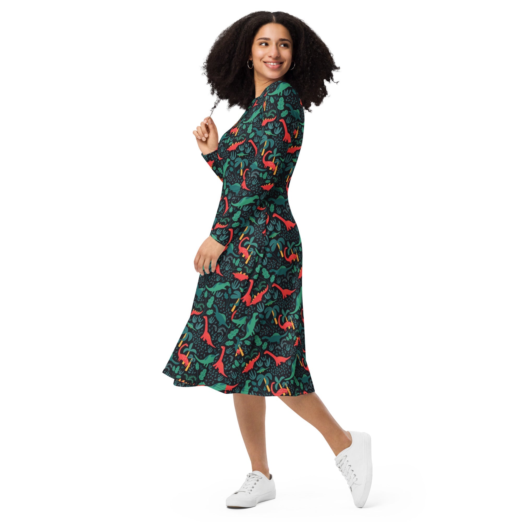 Nerdy Tropical Dinosaur Green Aloha Long Sleeve Midi Dress