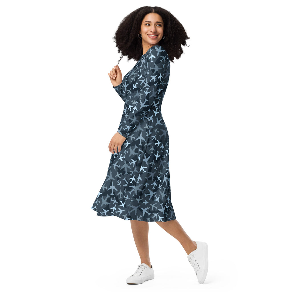 Nerdy Airplanes Blue Camouflage Blue Long Sleeve Midi Dress