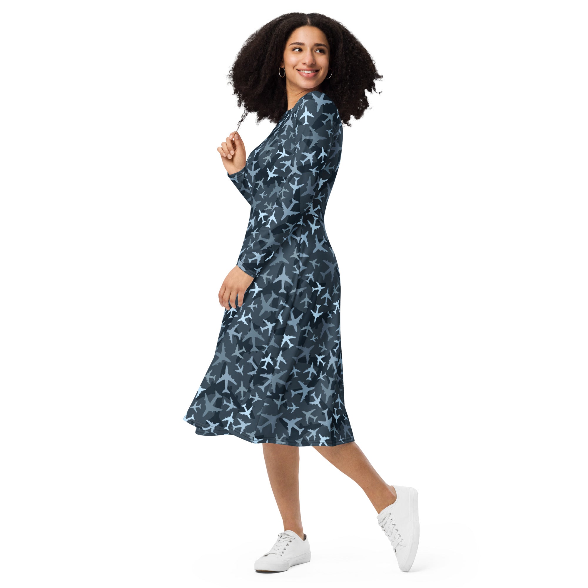 Nerdy Airplanes Blue Camouflage Blue Long Sleeve Midi Dress