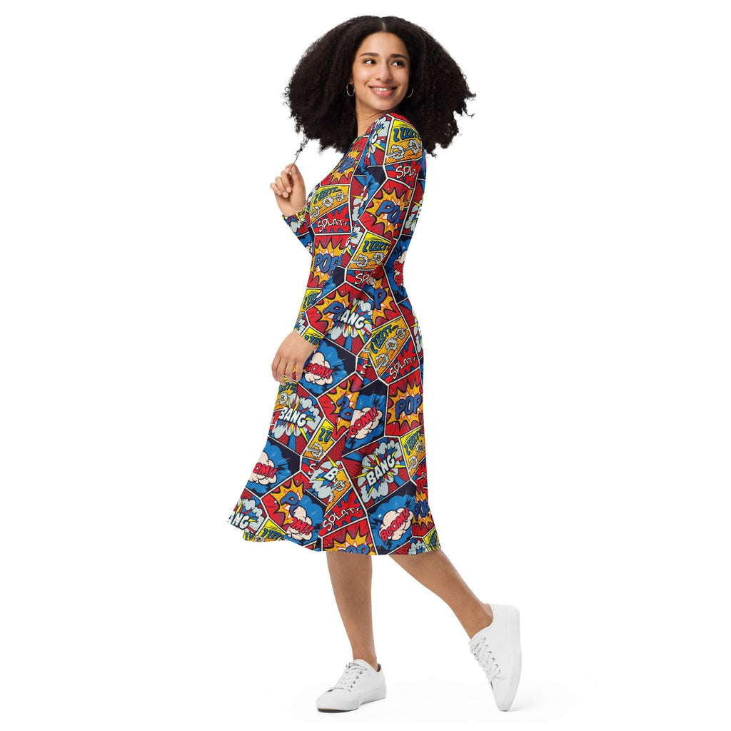 Nerdy Pop Art Comic Book Red Long Sleeve Midi Dress