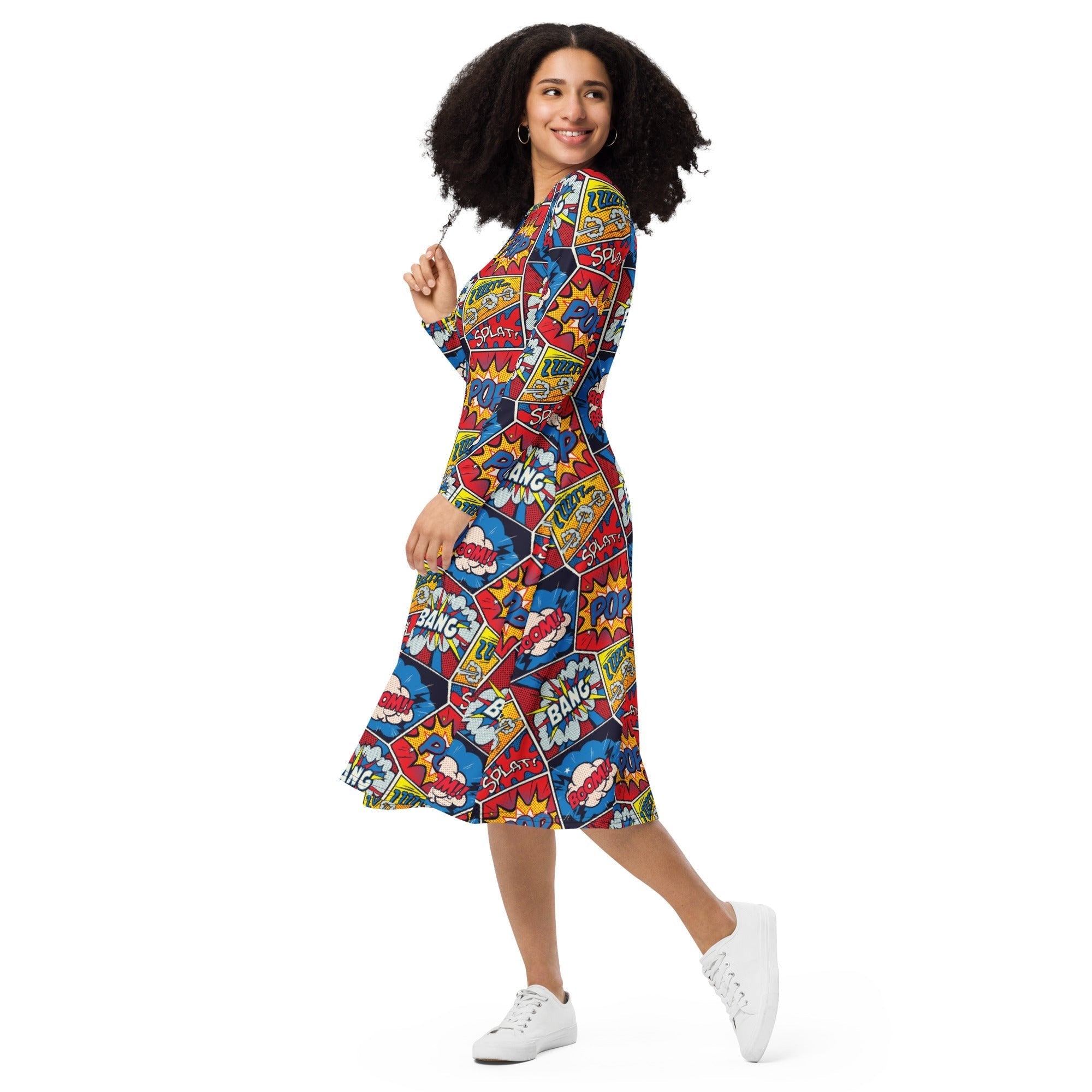 Nerdy Pop Art Comic Book Red Long Sleeve Midi Dress
