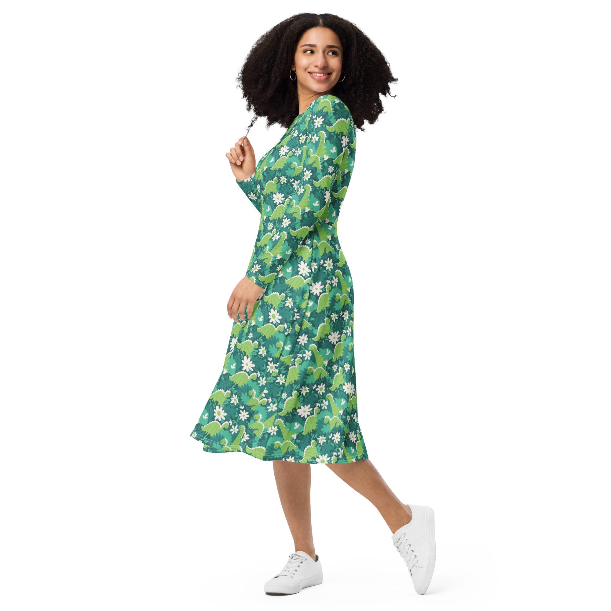 Nerdy Dinosaur Smiles Flowers and Leaves Long Sleeve Midi Dress
