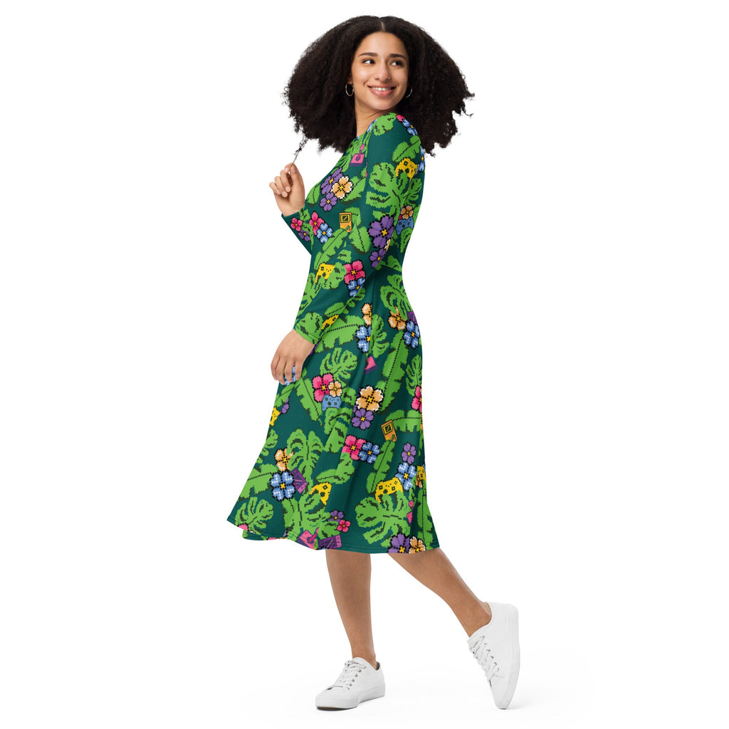 Nerdy Tropical Video Game Pixels Long Sleeve Midi Dress