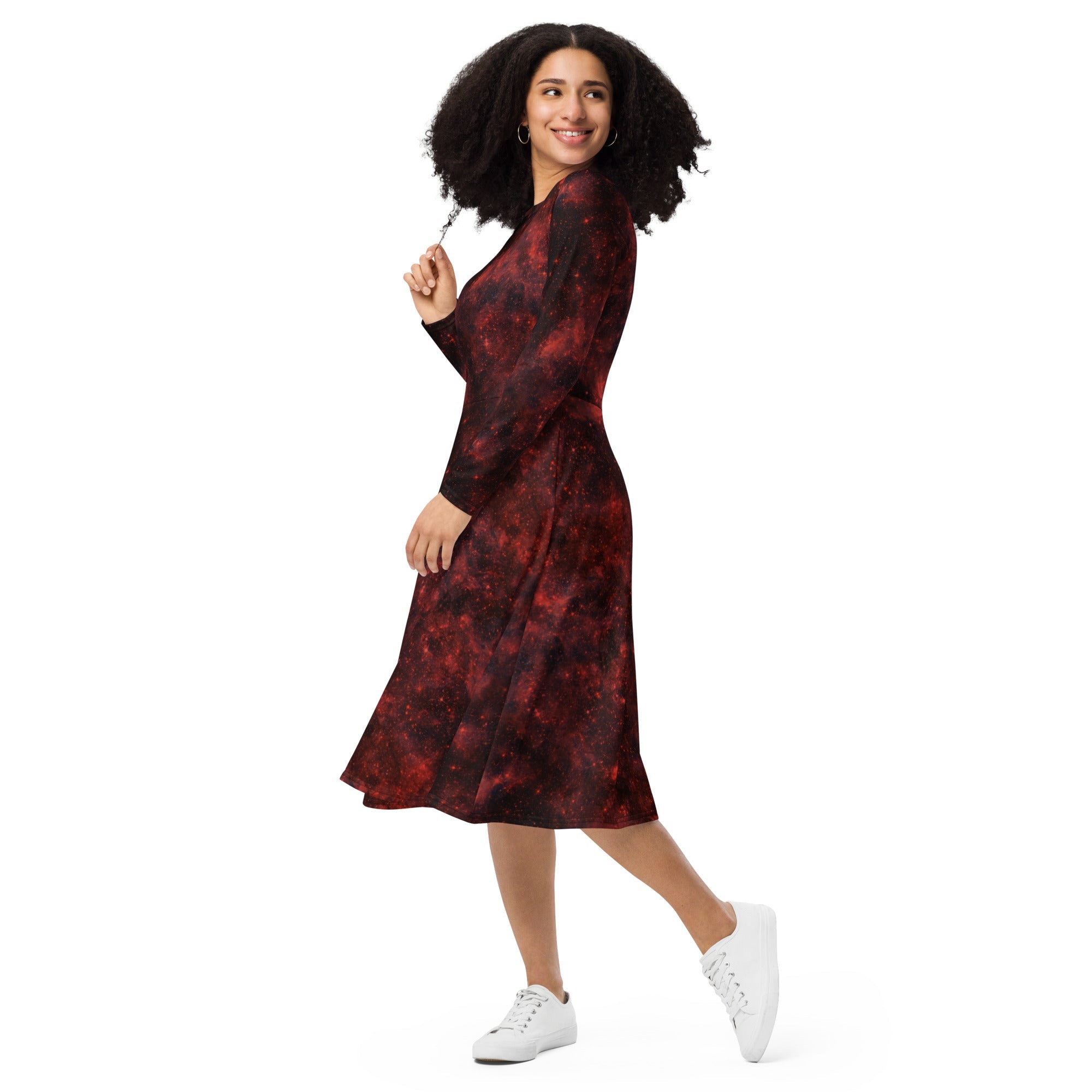 Nerdy Red Nebula Space Long Sleeve Midi Dress