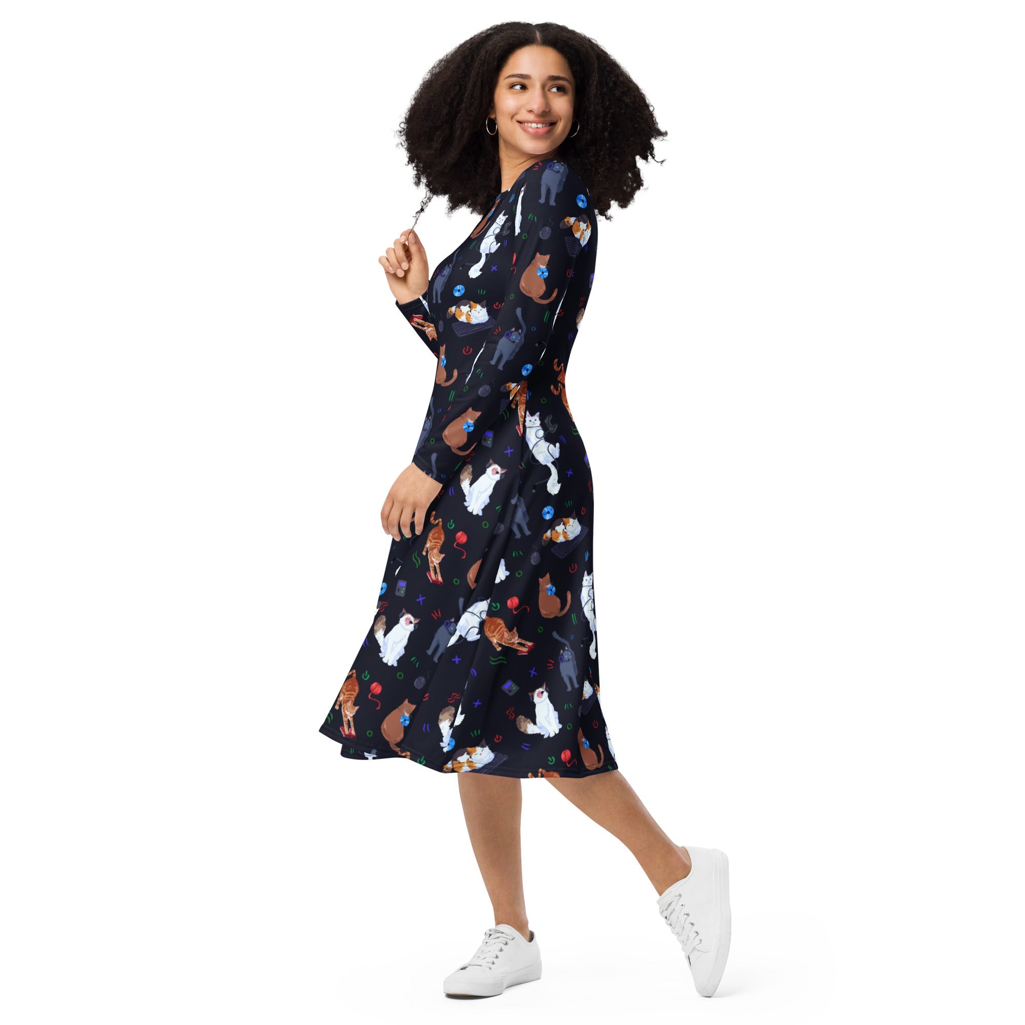 Nerdy Video Game Cats Dark Long Sleeve Midi Dress