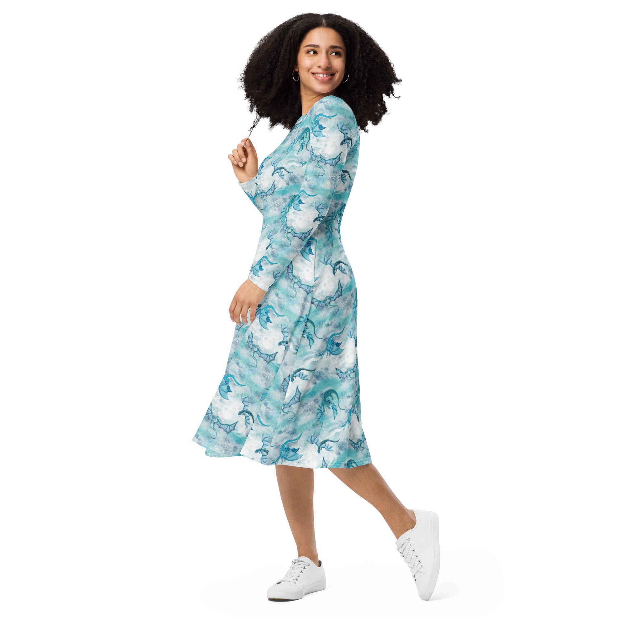 Nerdy Frost Dragons Long Sleeve Midi Dress