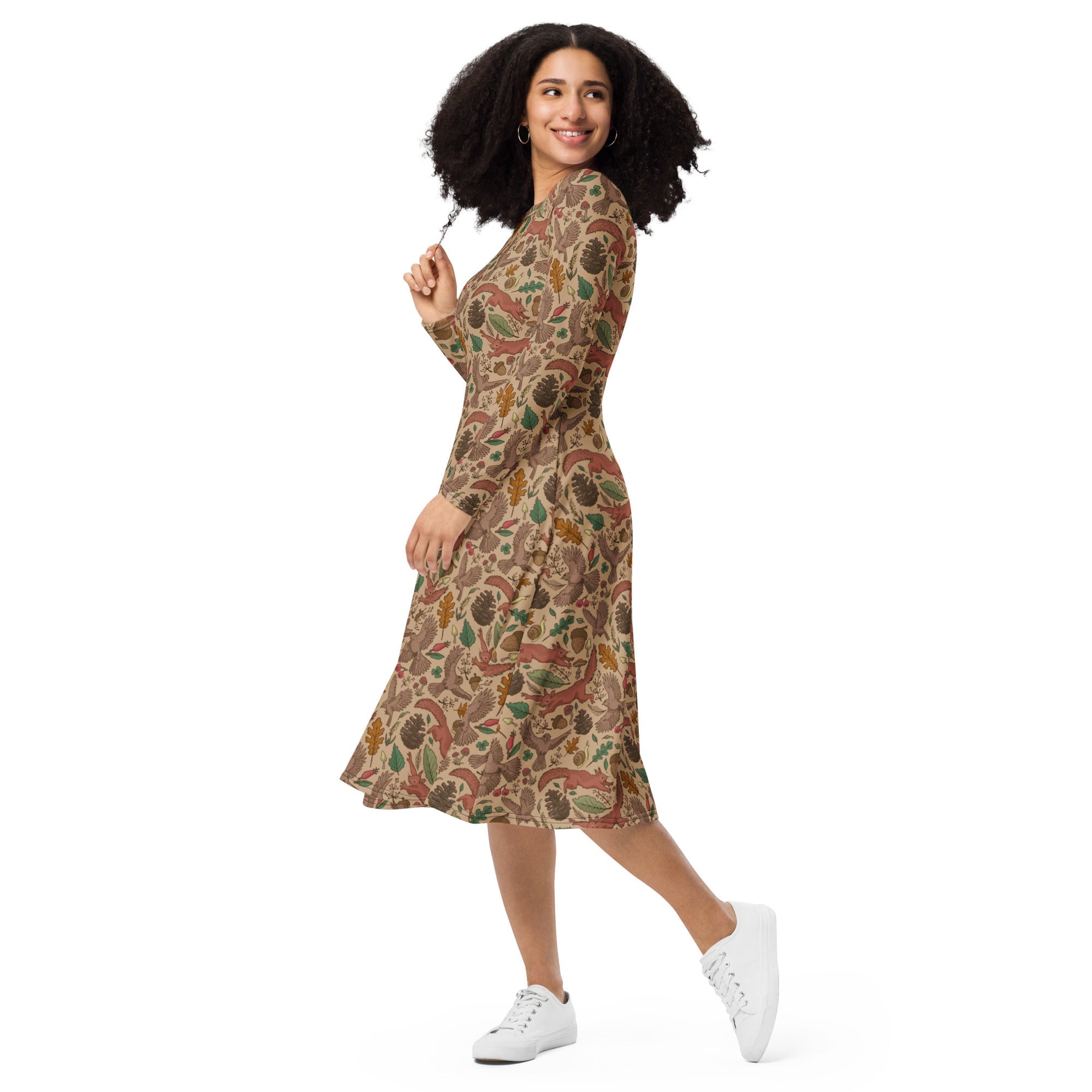 Nerdy Fall Squirrel Long Sleeve Midi Dress