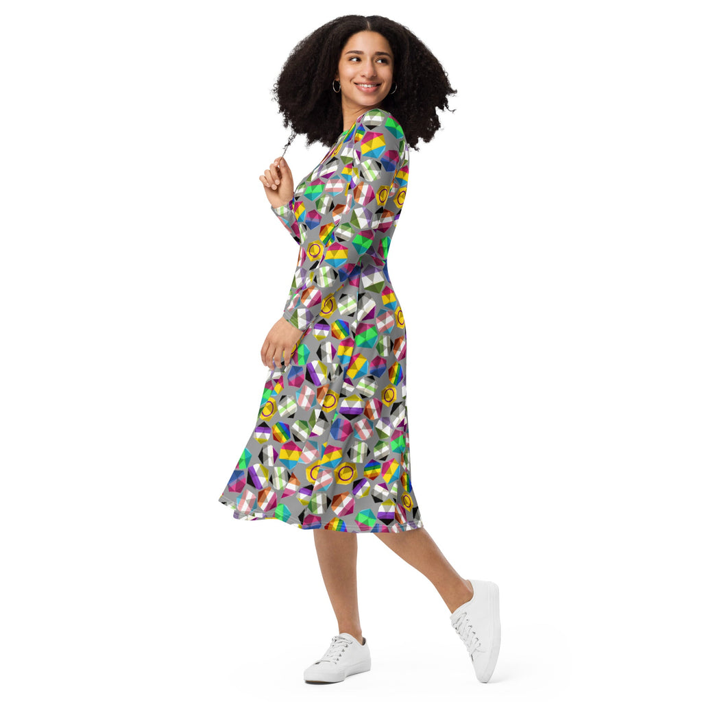 Nerdy Roll with Pride LGBTQ Dice Dnd Long Sleeve Midi Dress