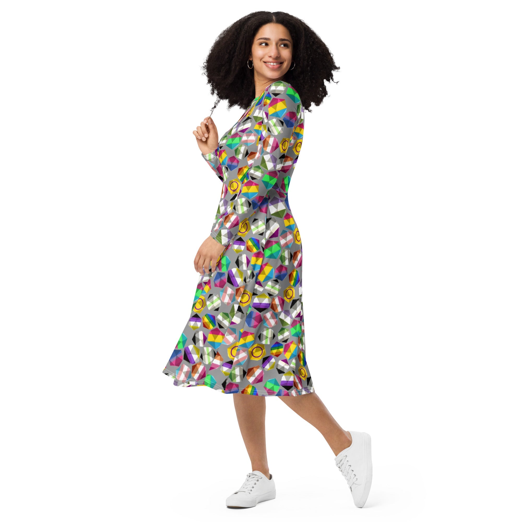 Nerdy Roll with Pride LGBTQ Dice Dnd Long Sleeve Midi Dress