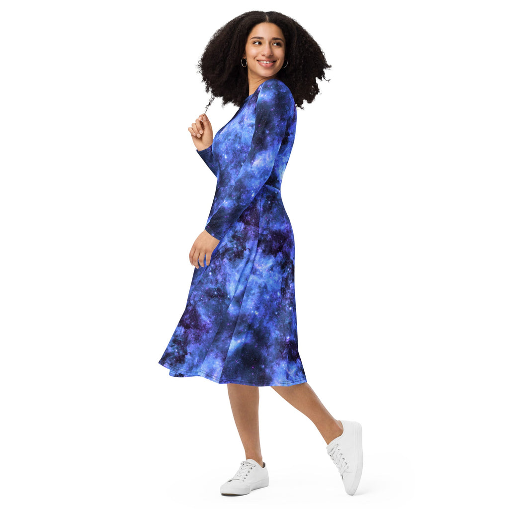 Nerdy Blue Purple Nebula Space Long Sleeve Midi Dress