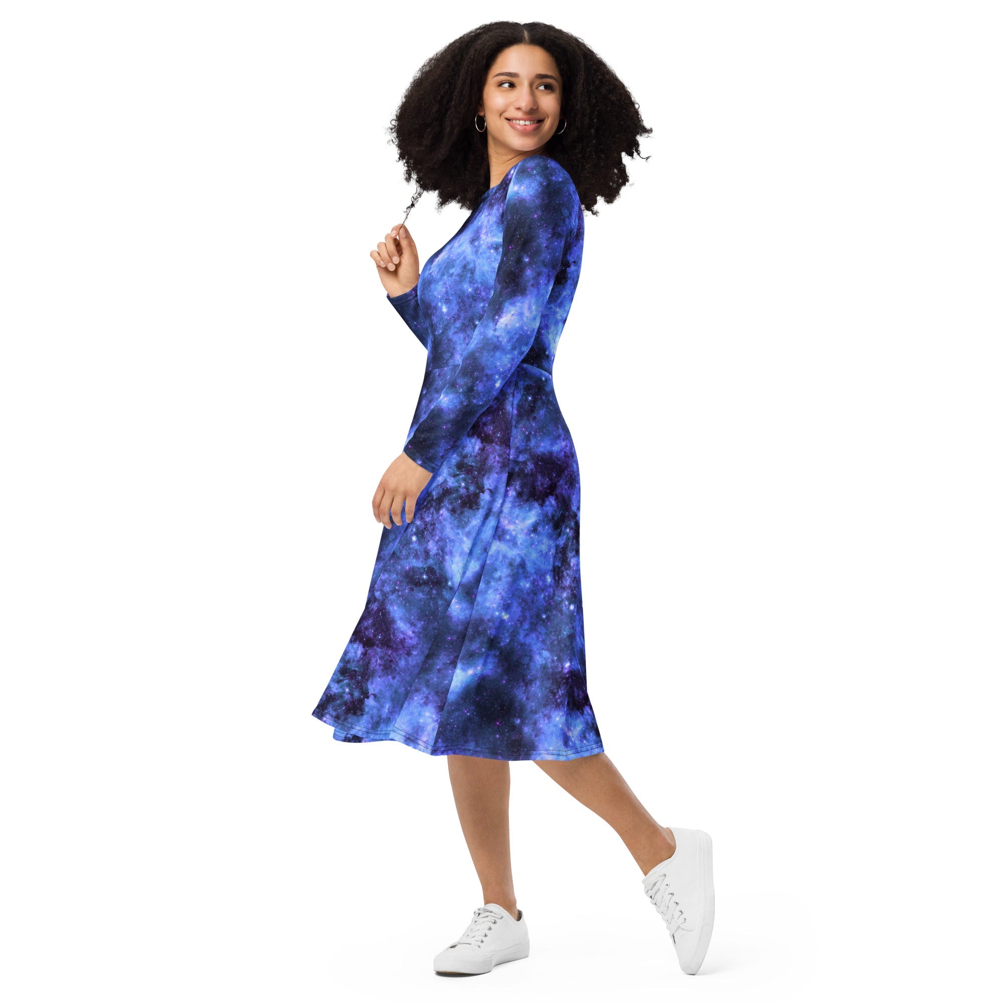 Nerdy Blue Purple Nebula Space Long Sleeve Midi Dress