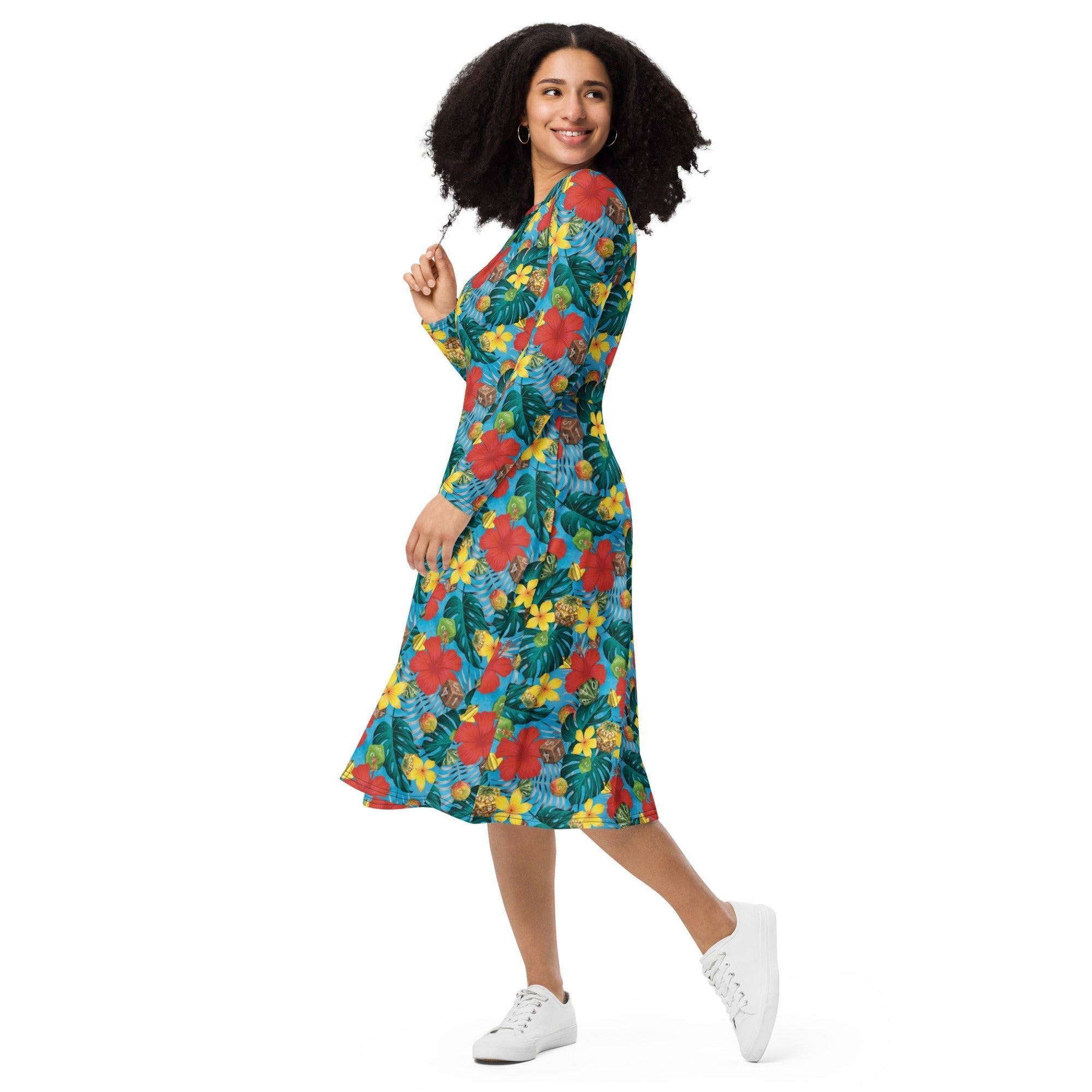 Nerdy Tropical Fruit Dice Dnd Long Sleeve Midi Dress
