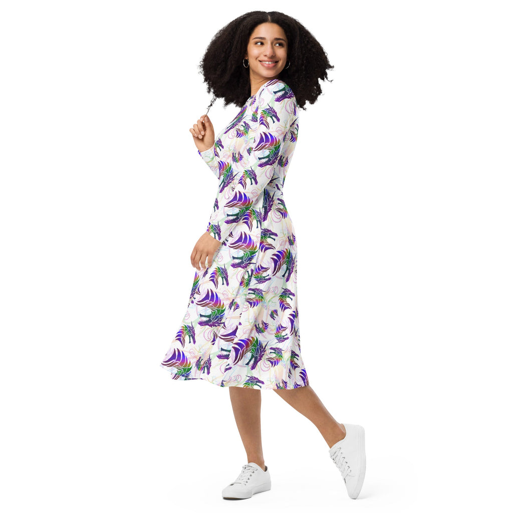 Nerdy Rainbow Dragons and Unicorns Long Sleeve Midi Dress