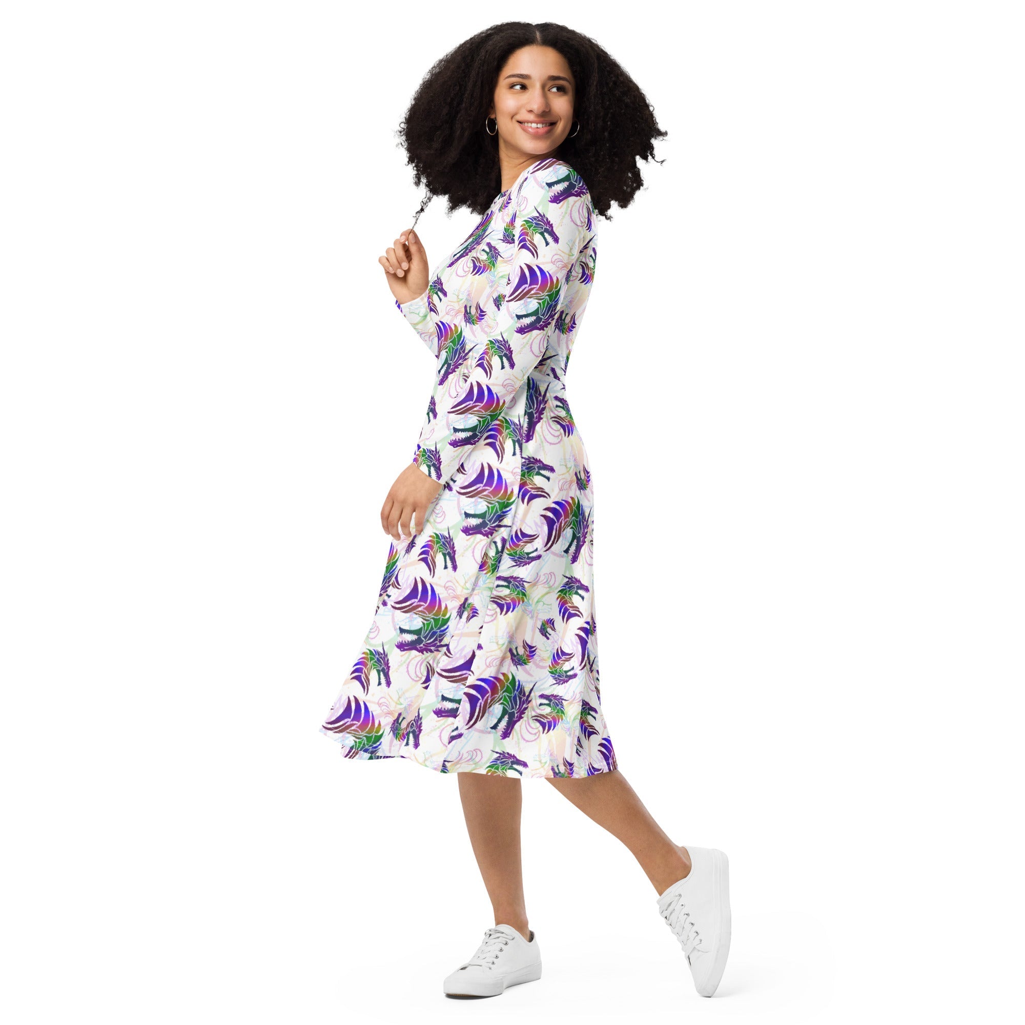 Nerdy Rainbow Dragons and Unicorns Long Sleeve Midi Dress