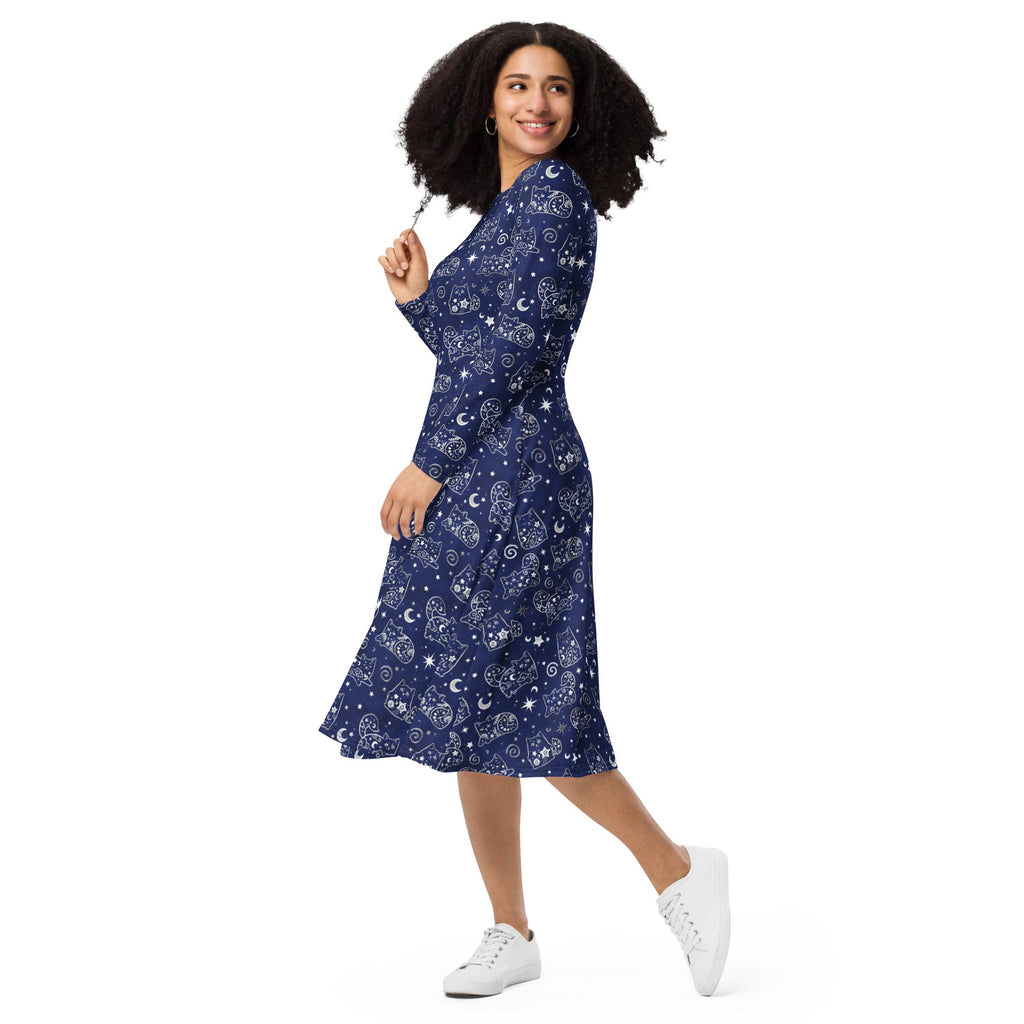 Nerdy Star Cats Long Sleeve Midi Dress