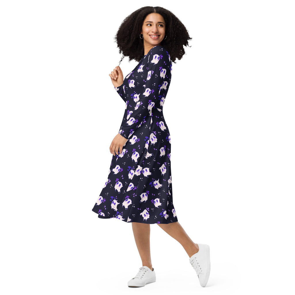 Nerdy Anxious Ghosts Purple Long Sleeve Midi Dress