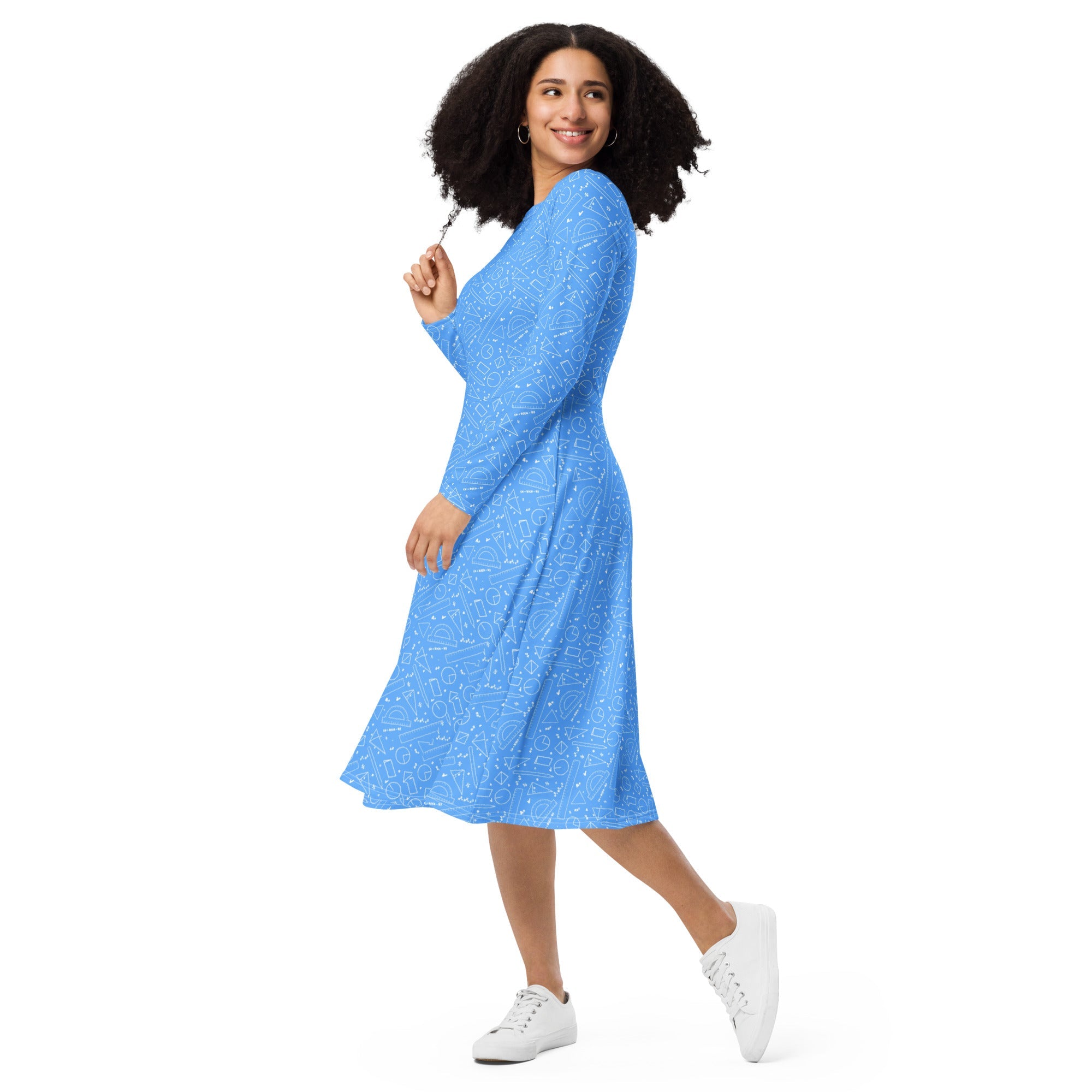 Nerdy Geometry Blue Math Long Sleeve Midi Dress