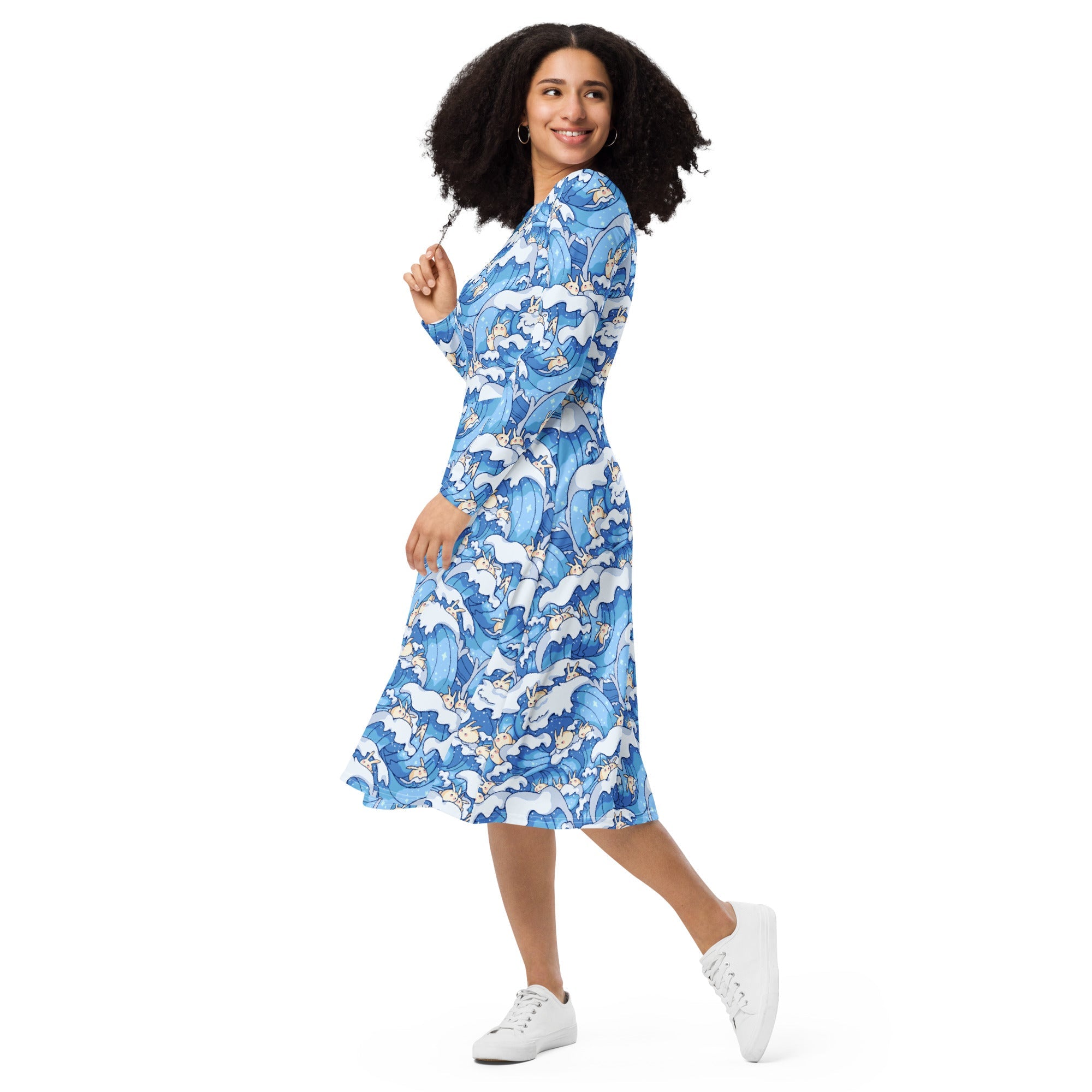 Nerdy Surfer Bunnies Anime Long Sleeve Midi Dress
