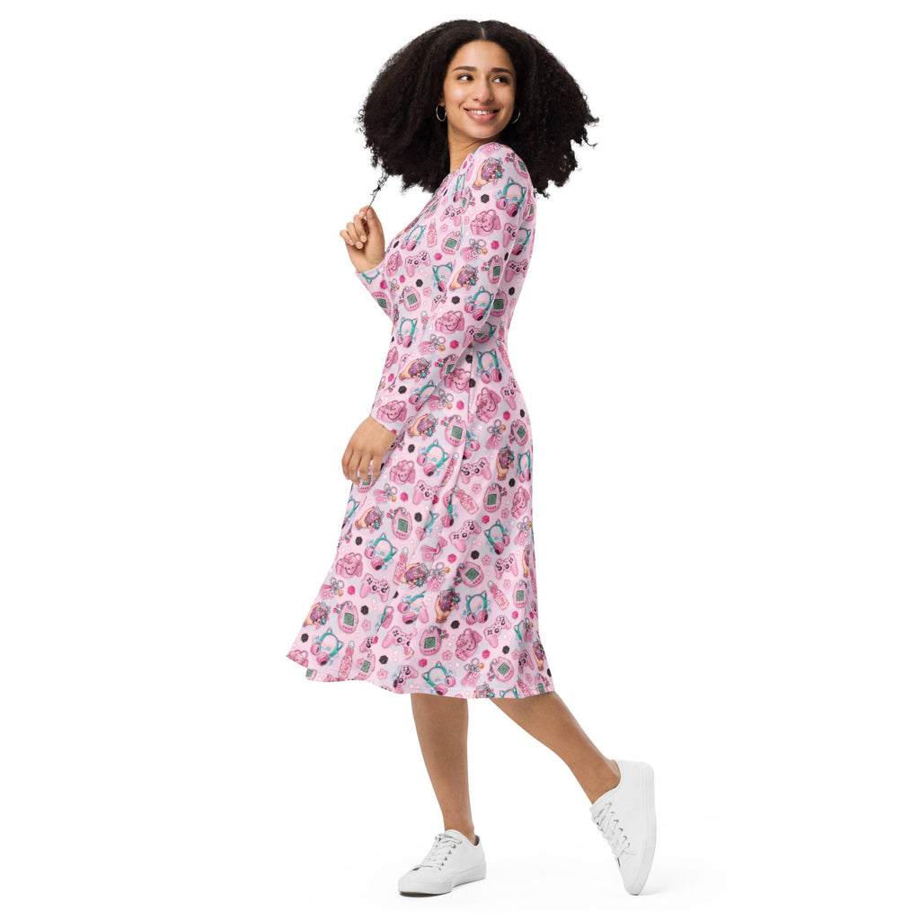 Anime Gamer Items Pink Long Sleeve Midi Dress 3