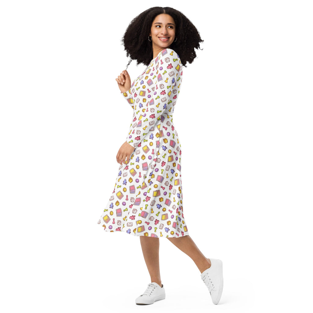 Board Game Objects Meeples White Long Sleeve Midi Dress 3