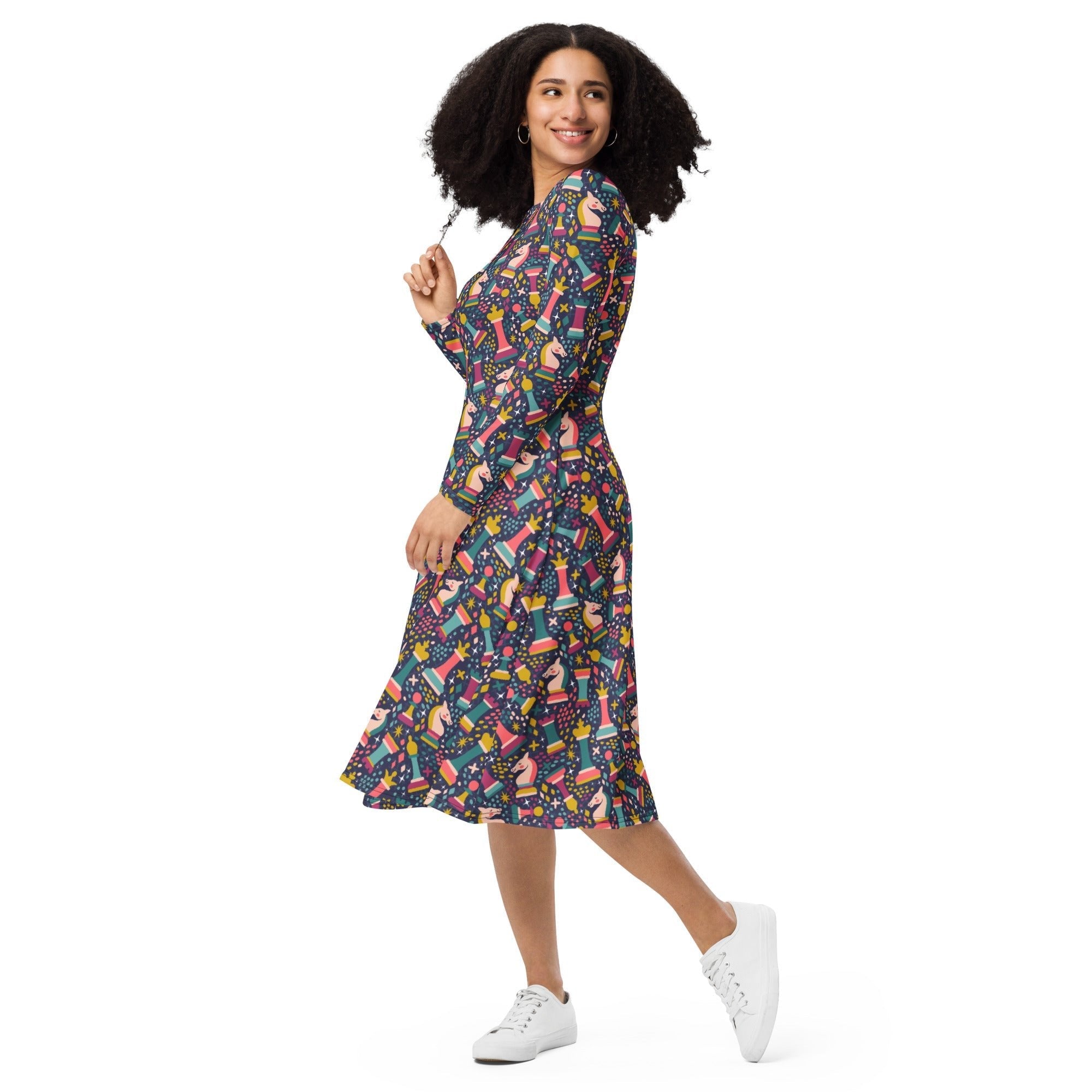Chess Colorful Chess Pieces Blue Long Sleeve Midi Dress 3