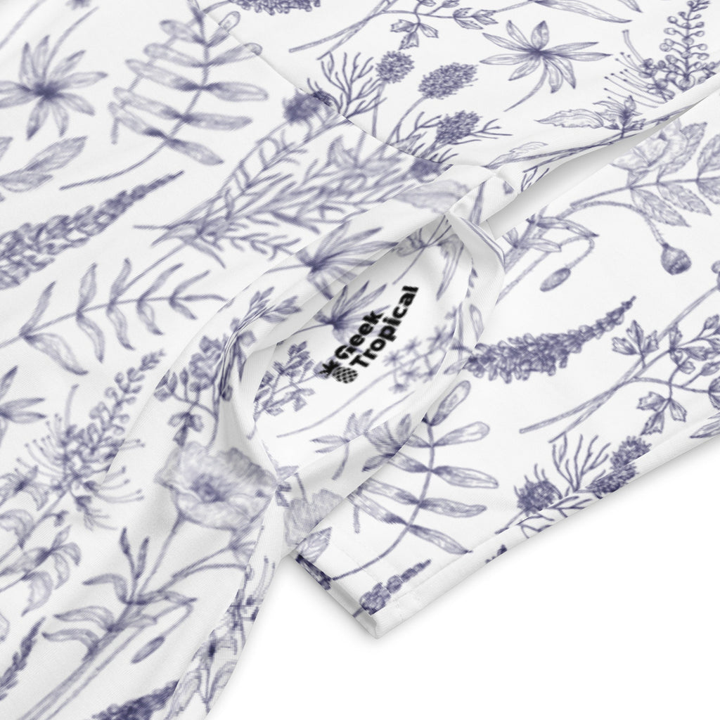 Nerdy Simple Botany Flowers Herbs White Blue Long Sleeve Midi Dress