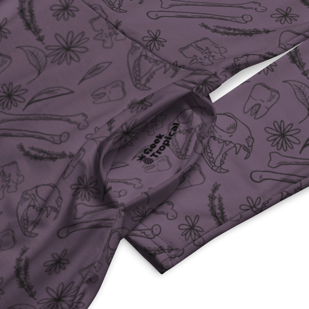 Nerdy Bones and Flowers Purple Long Sleeve Midi Dress