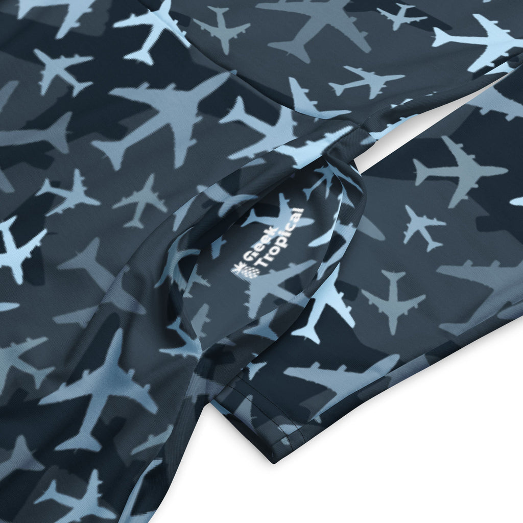 Nerdy Airplanes Blue Camouflage Blue Long Sleeve Midi Dress