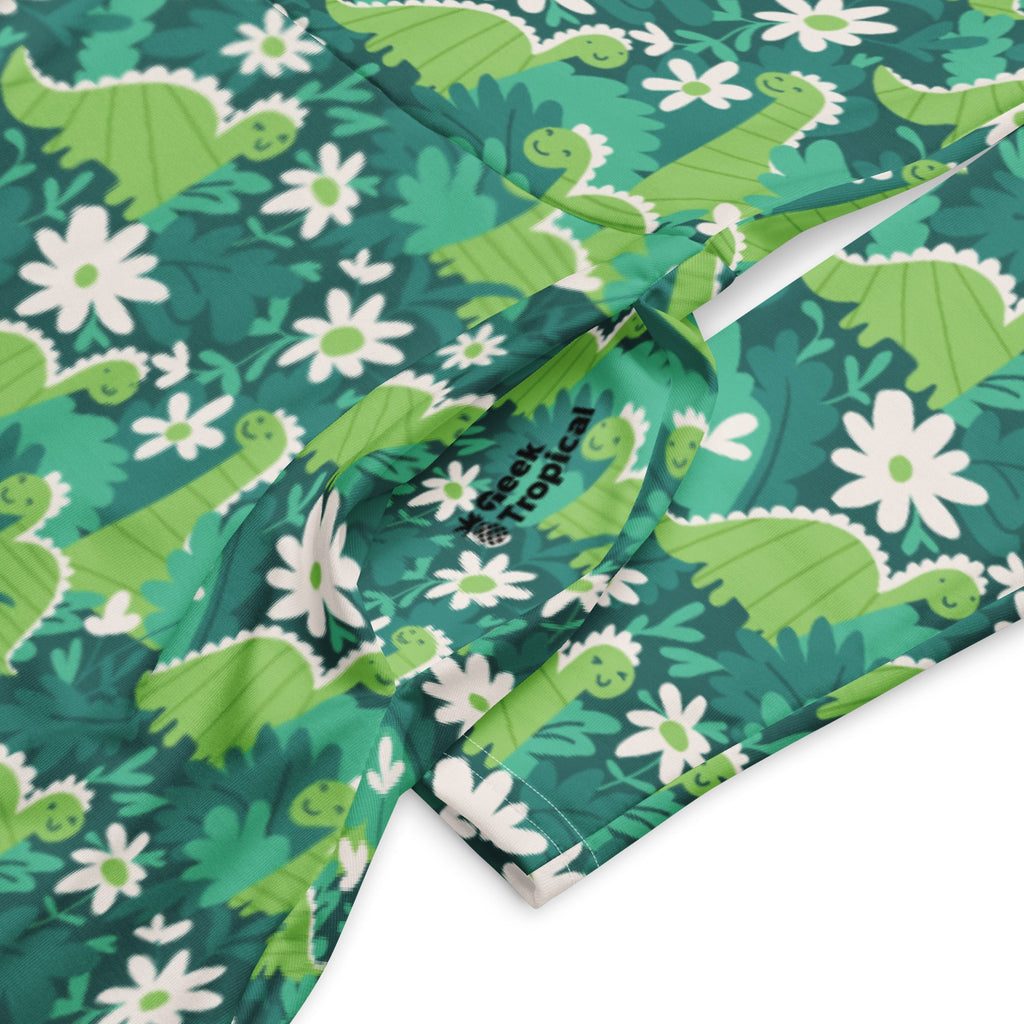 Nerdy Dinosaur Smiles Flowers and Leaves Long Sleeve Midi Dress