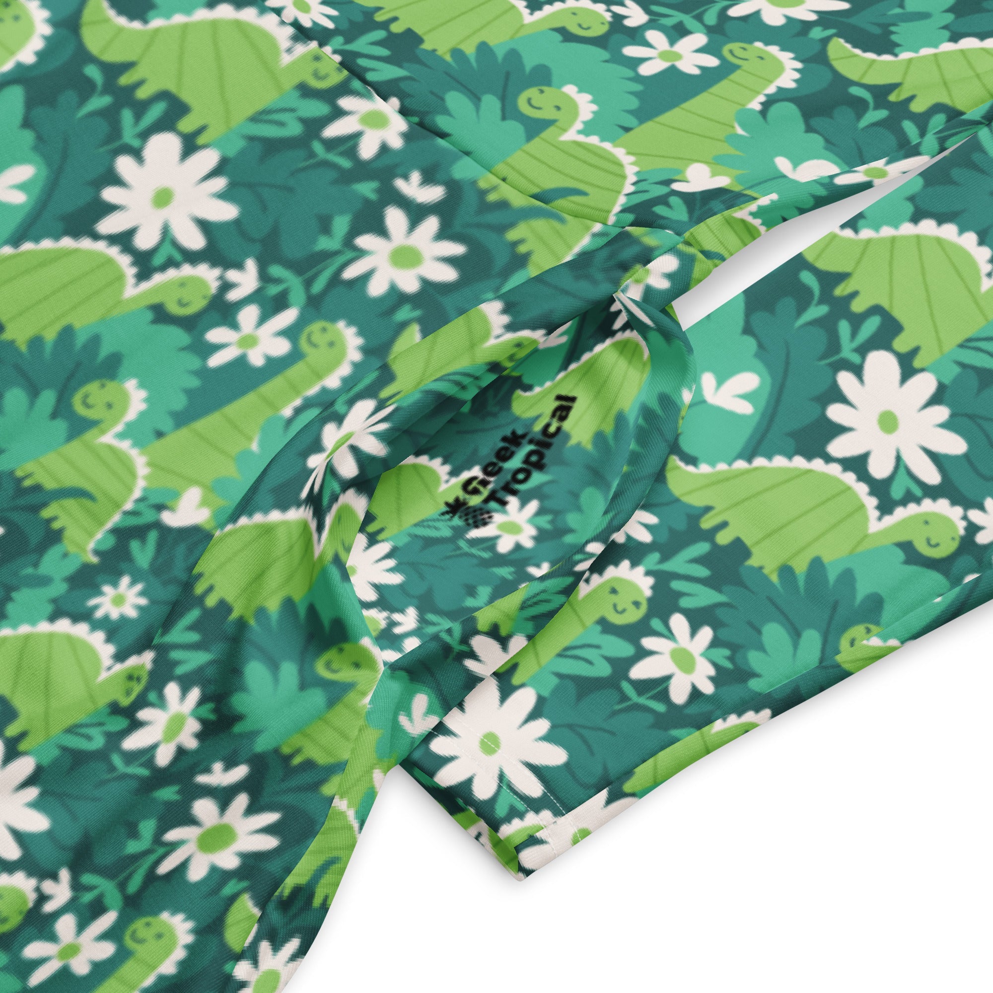 Nerdy Dinosaur Smiles Flowers and Leaves Long Sleeve Midi Dress