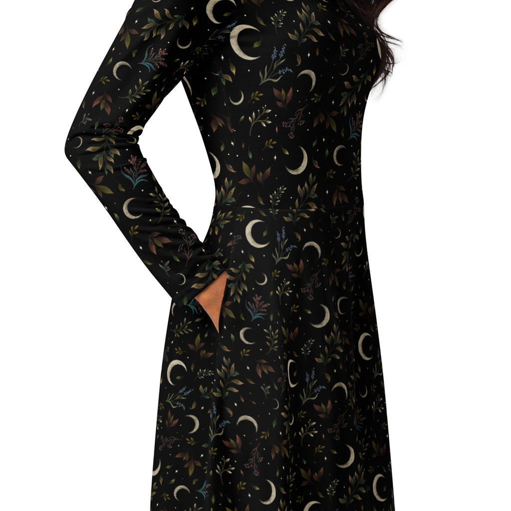 Nerdy Episodic Crescent Moon Garden Long Sleeve Midi Dress