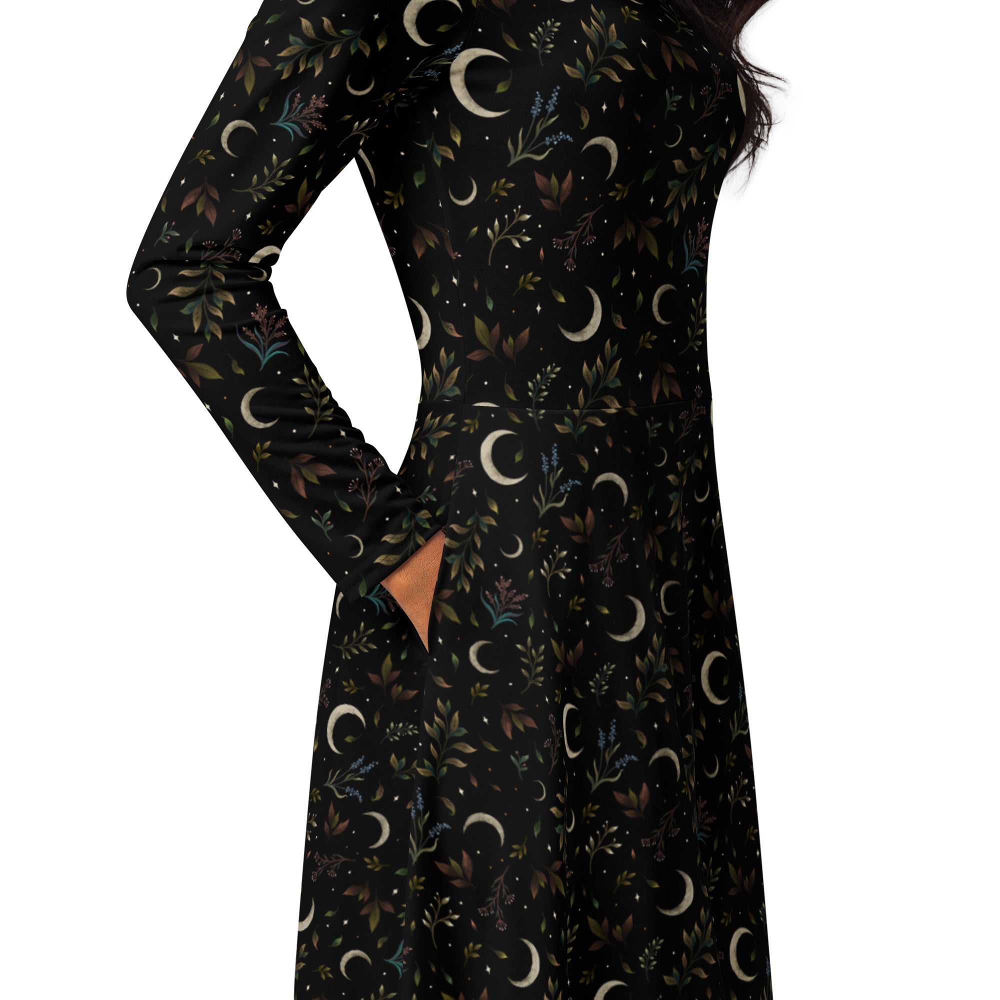 Nerdy Episodic Crescent Moon Garden Long Sleeve Midi Dress