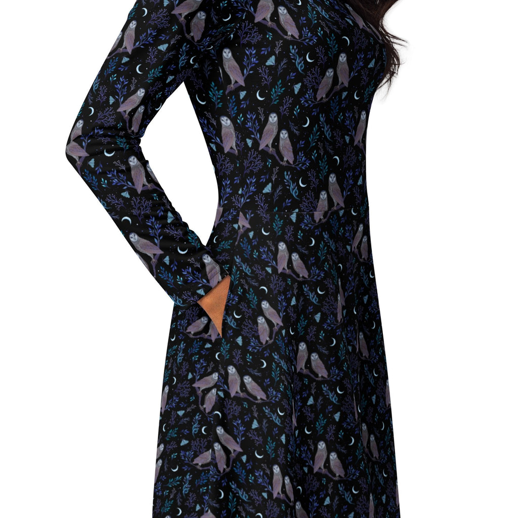 Nerdy Episodic Owl Floral Long Sleeve Midi Dress