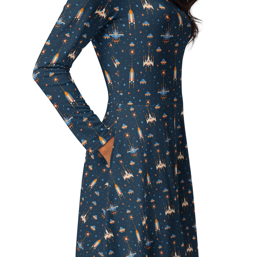 Nerdy Space Retro Arcade Long Sleeve Midi Dress