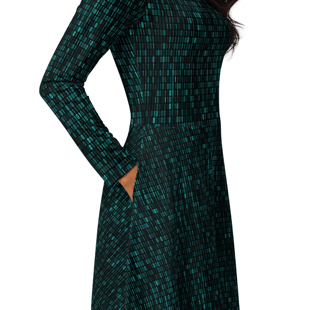 Nerdy Binary Computer 1s and 0s Teal Black Long Sleeve Midi Dress