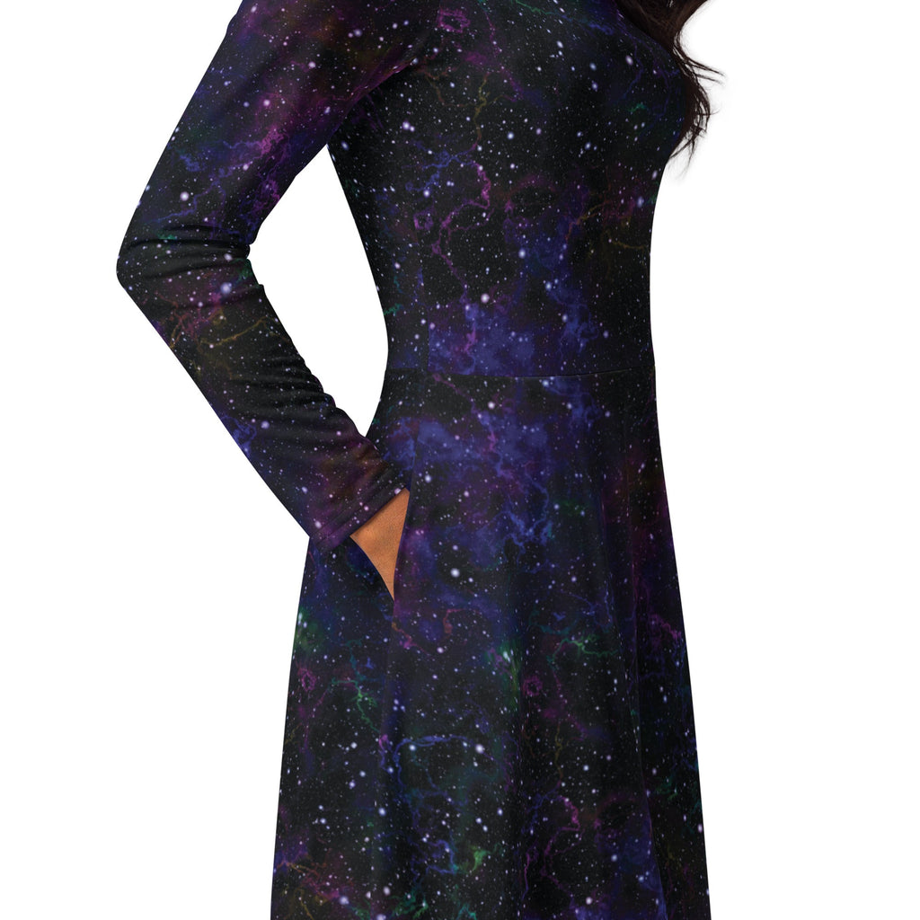 Nerdy Beautiful Nebula Outer Space Long Sleeve Midi Dress