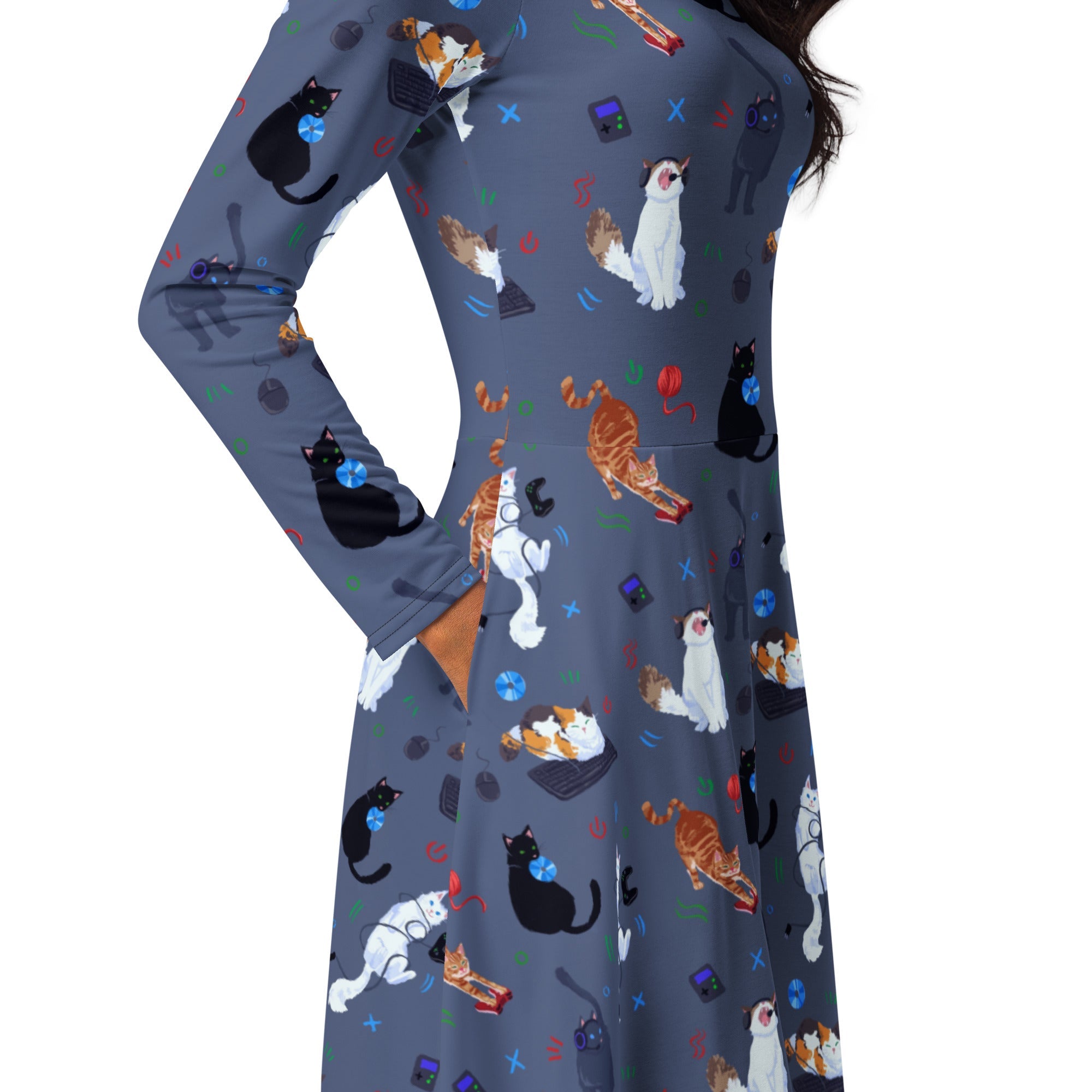 Nerdy Video Game Cats Light Long Sleeve Midi Dress