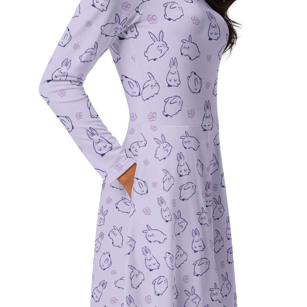 Nerdy Lilac Anime Bunnies Long Sleeve Midi Dress