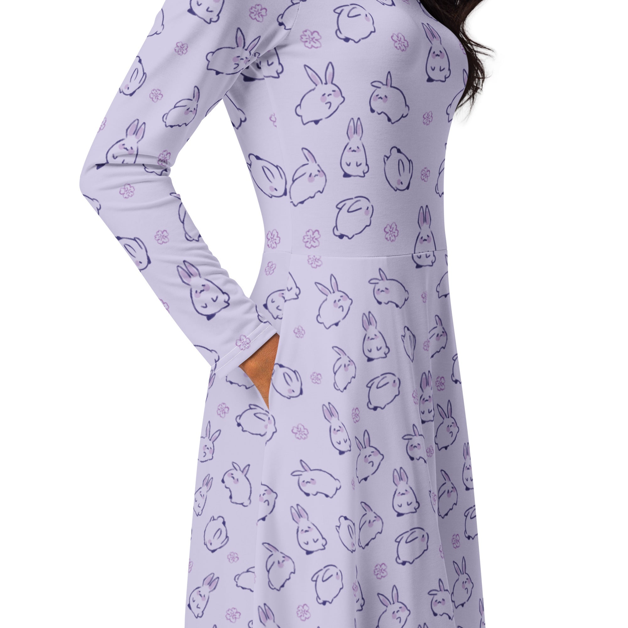 Nerdy Lilac Anime Bunnies Long Sleeve Midi Dress
